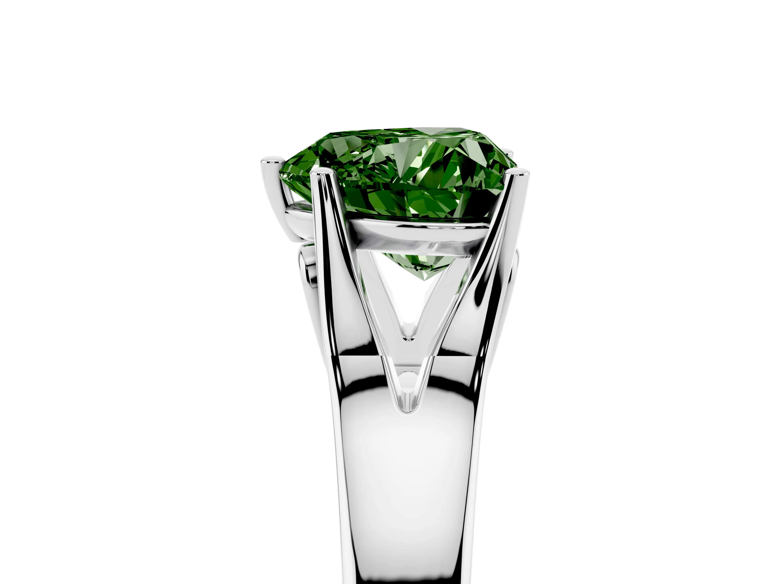 Fancy Green Heart Cut Diamond Solitaire Ring Set in White gold with Arched Cathedral Band and Prong Setting