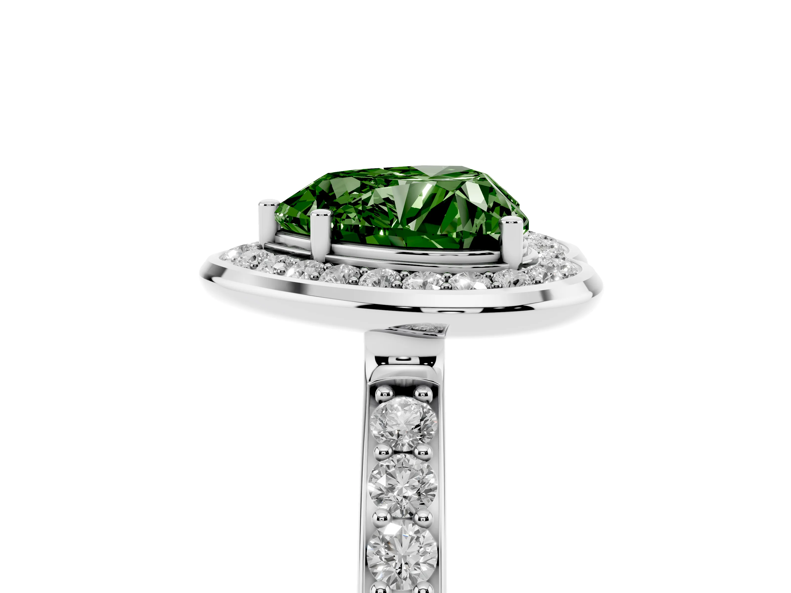 Fancy Green Heart Cut Diamond Halo Ring Set in White gold with Bezel Frame and Pavé Band