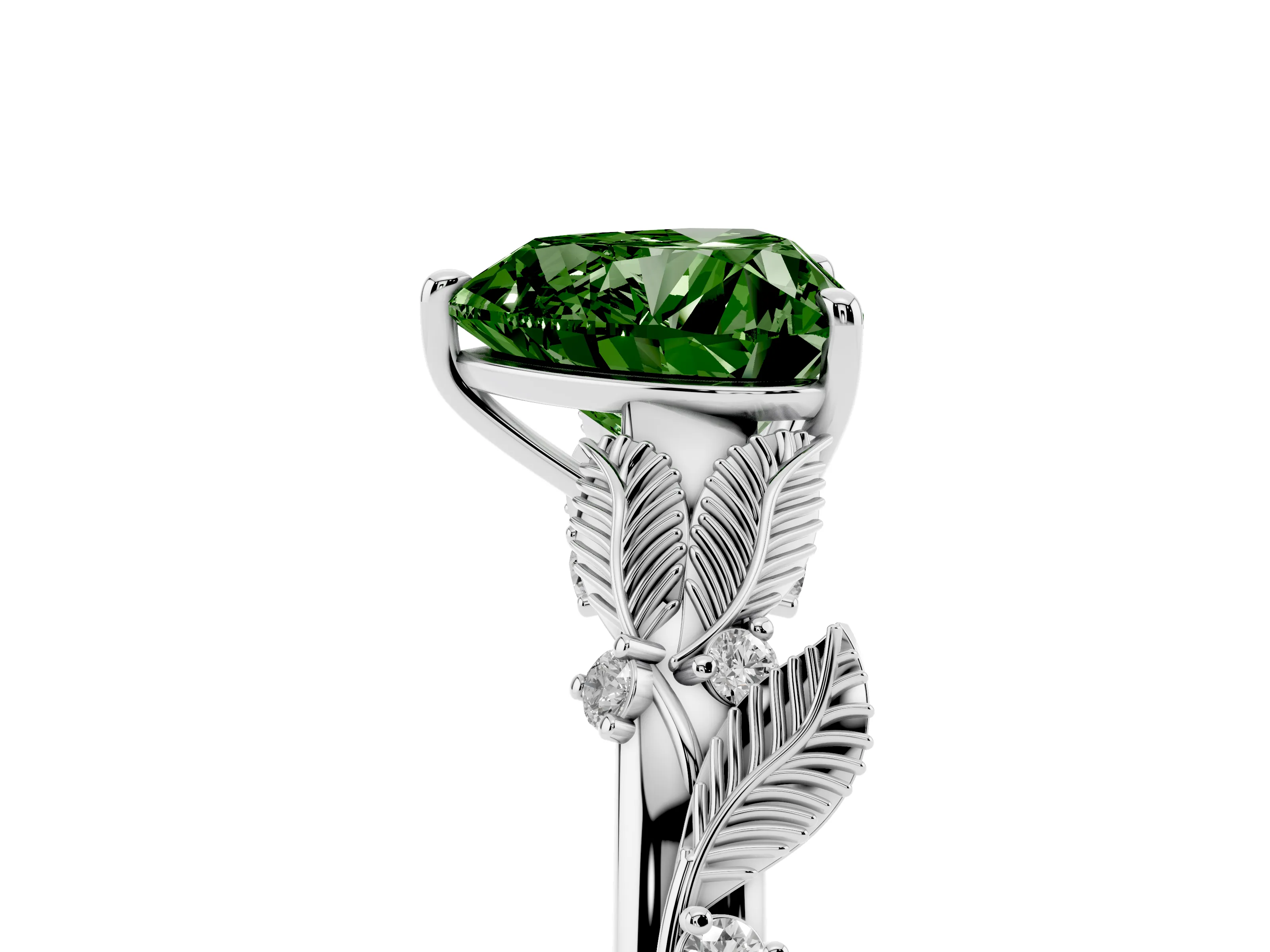Fancy Green Heart Cut Diamond Solitaire Ring Set in Silver with Leaf Motif Band