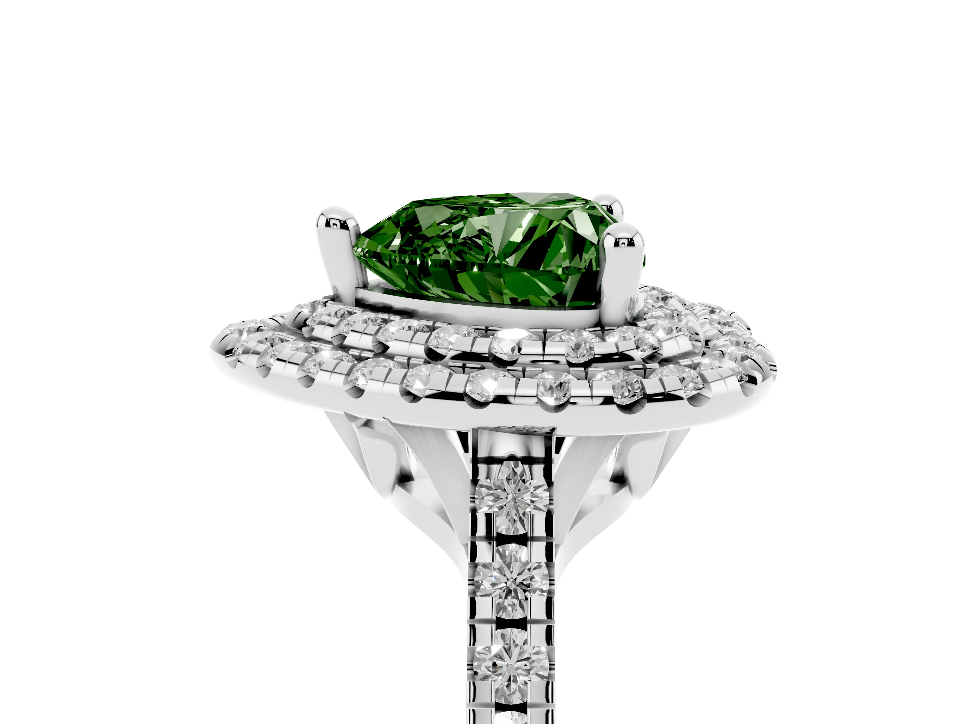Fancy Green Heart Cut Diamond Double Halo Statement Ring Set in Platinum with Pavé Band