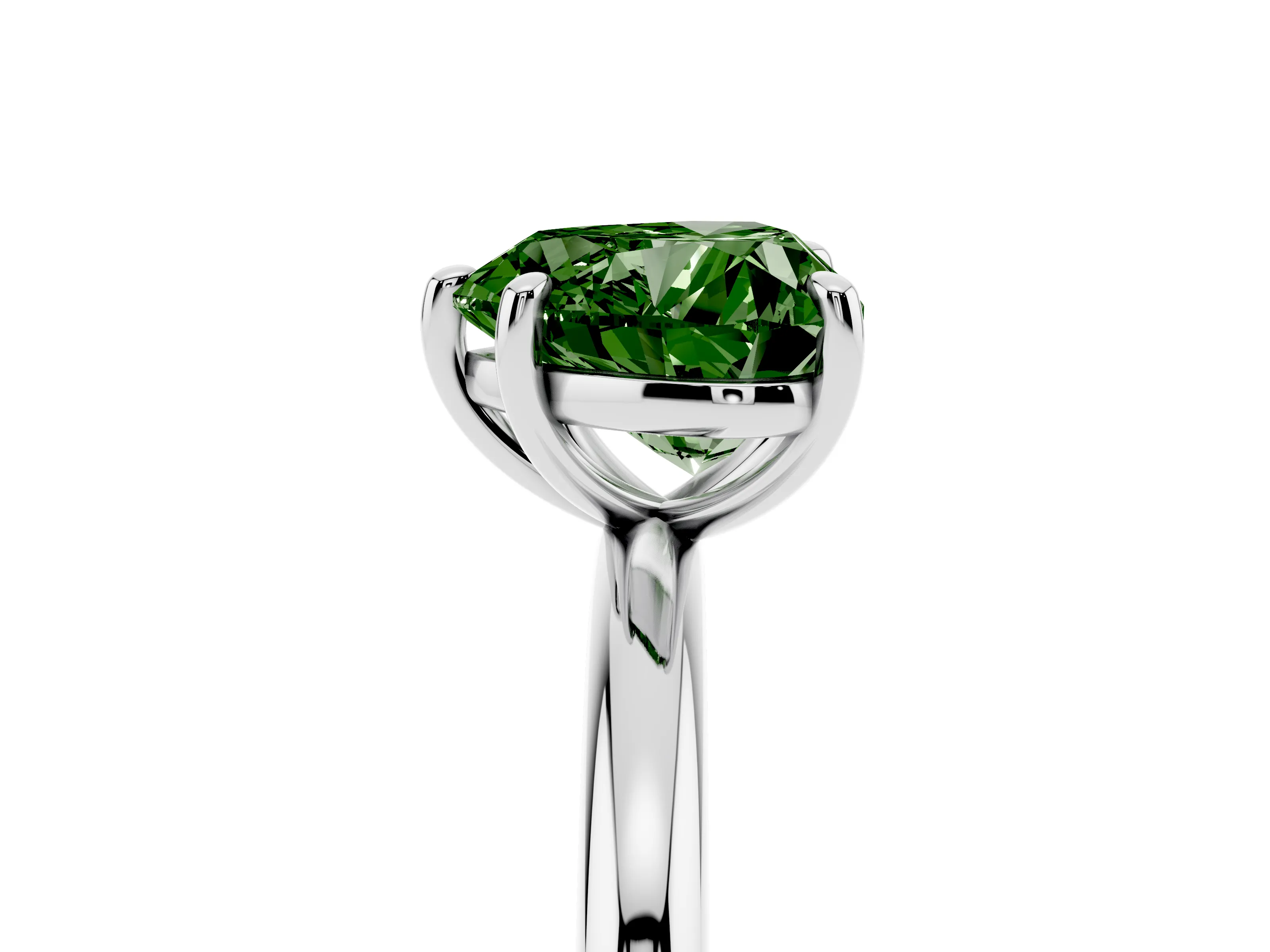 Fancy Green Heart Cut Diamond Solitaire Ring Set in Platinum with Prong Setting on a Polished Plain Band