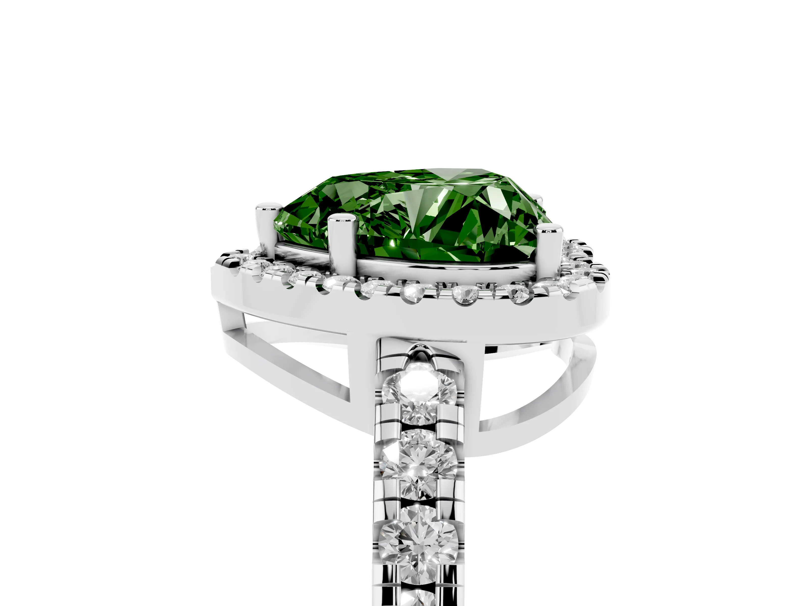 Fancy Green Heart Cut Diamond Halo Ring Set in Platinum with Delicate Pavé Band and Prong Setting