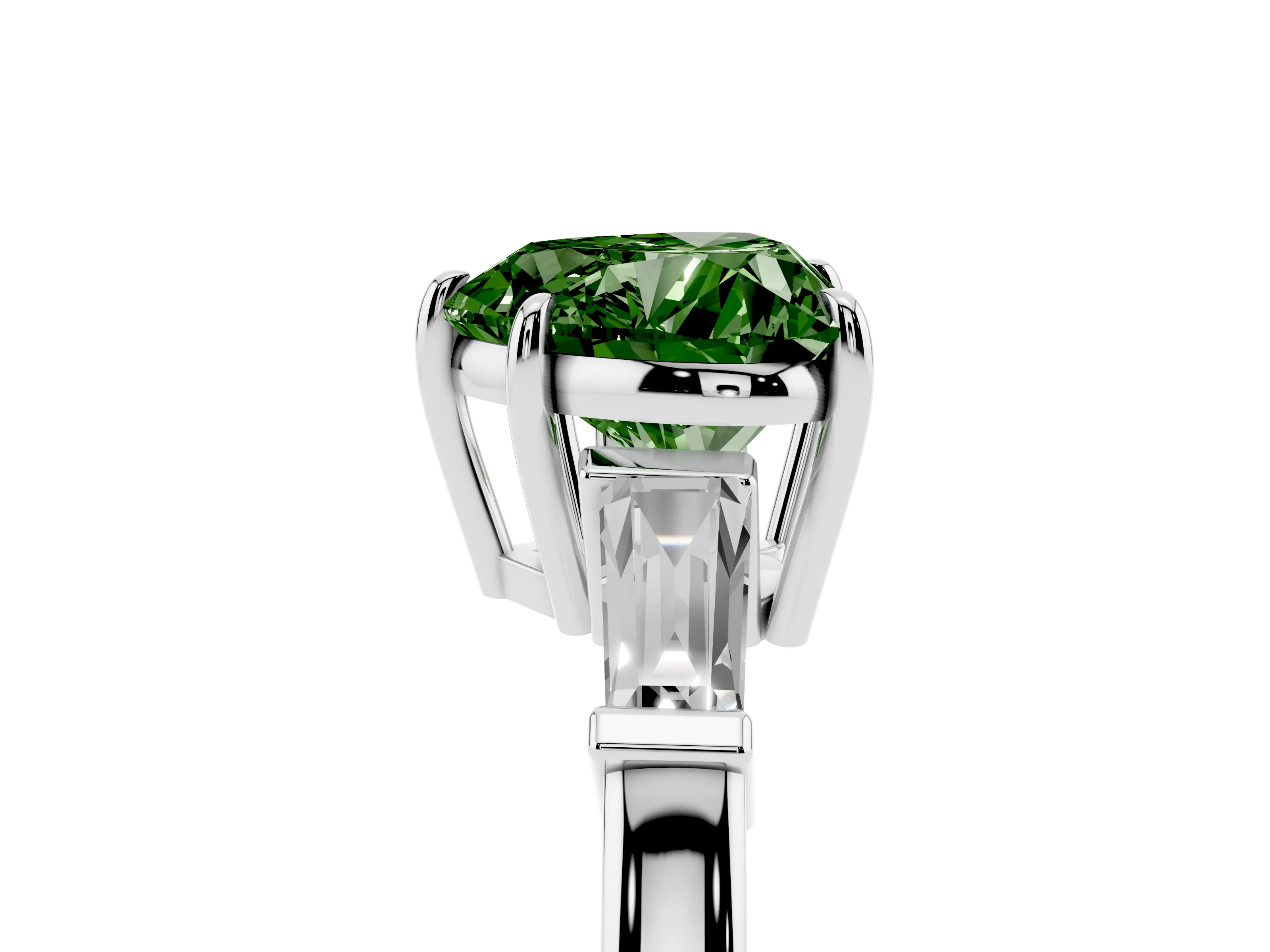Fancy Green Heart Cut Diamond Three-Stone Ring Set in Platinum with Tapered Baguette Side Stones and Prong Setting