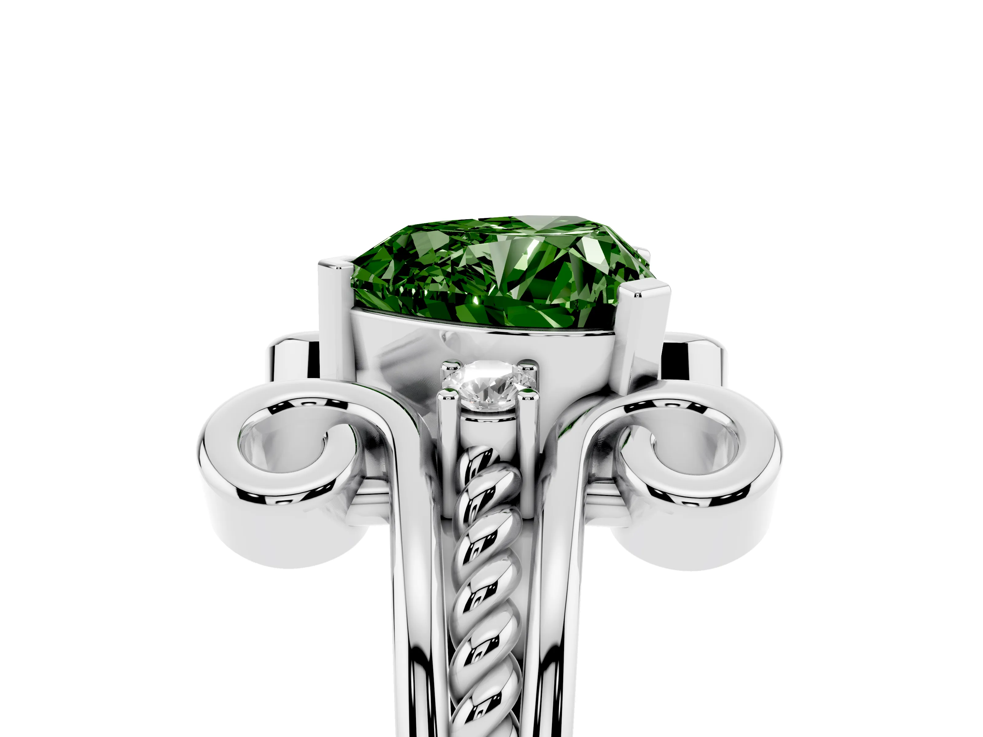 Fancy Green Heart Cut Diamond Twisted Band Solitaire Ring Set in Platinum with Scroll Prongs