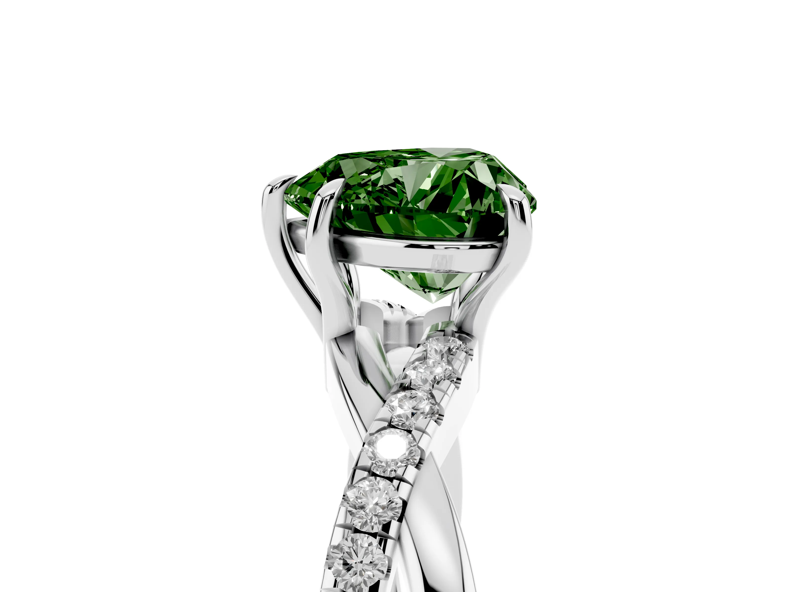 Fancy Green Heart Cut Diamond Twisted Pavé Band Ring Set in Platinum with Prong Setting