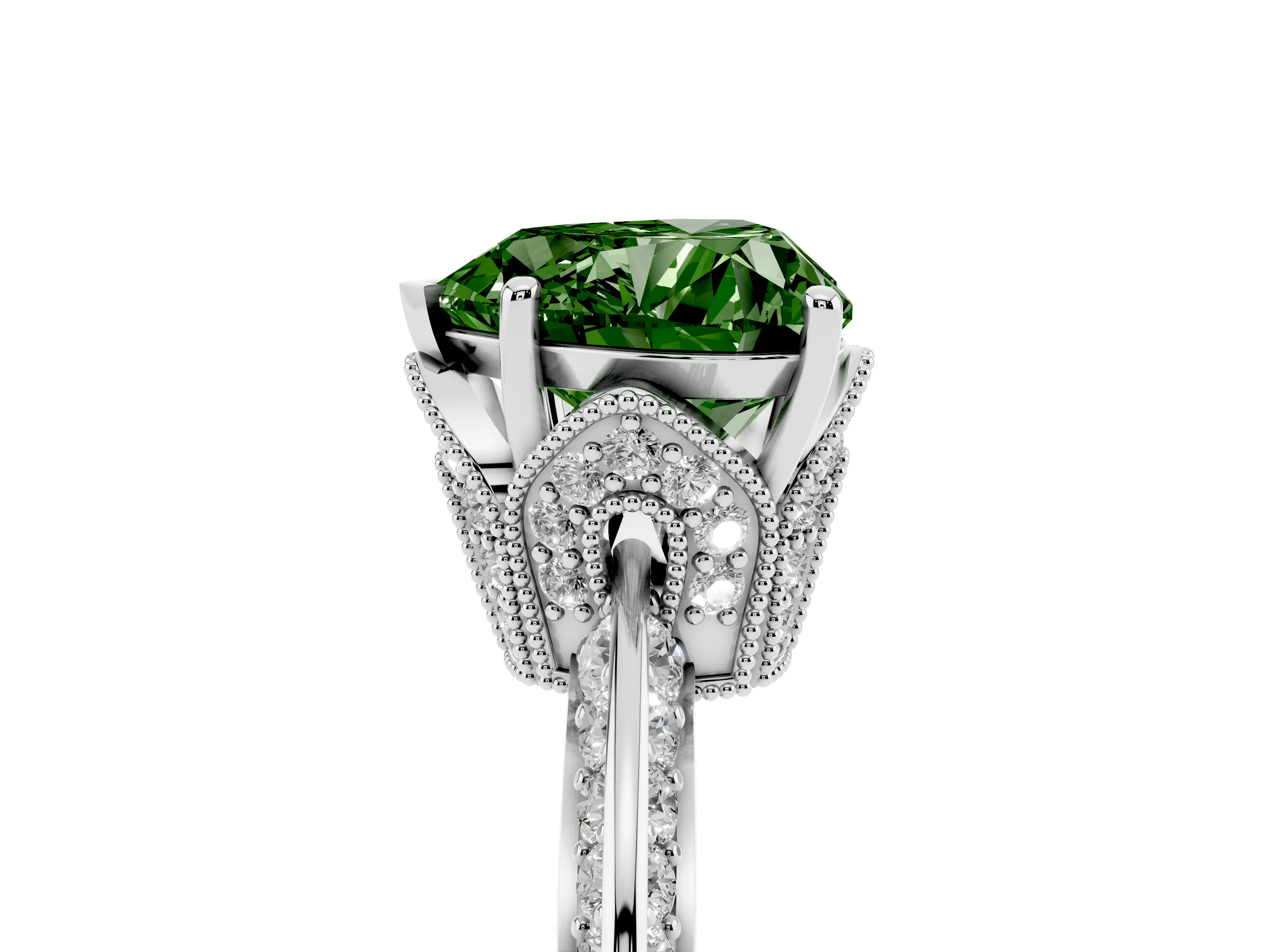 Fancy Green Heart Cut Diamond Solitaire Engagement Ring Set in White gold with Pavé Split Shank and Prong Setting