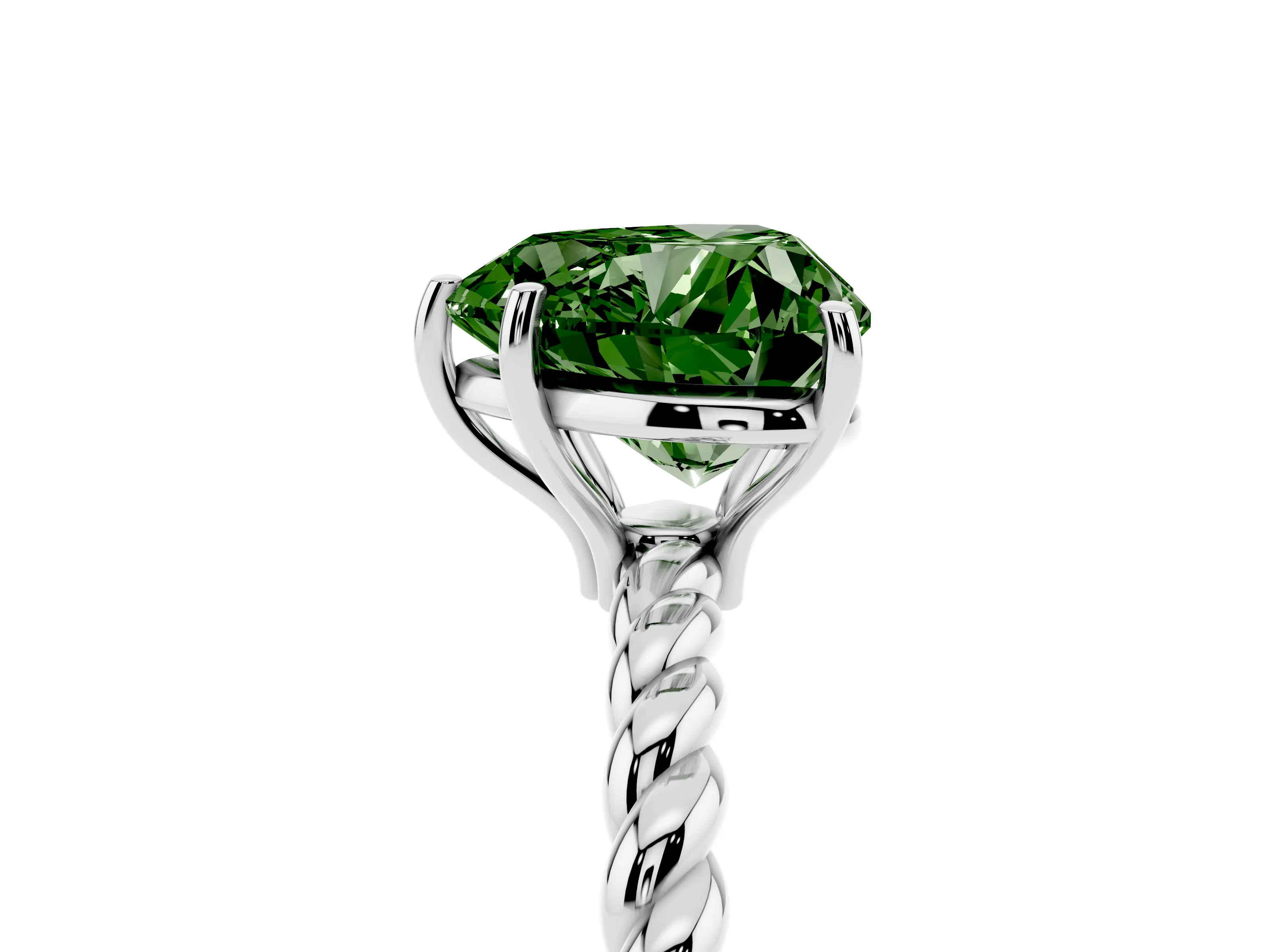 Fancy Green Heart Cut Diamond Solitaire Ring Set in White gold with Twist Band and Prong Setting