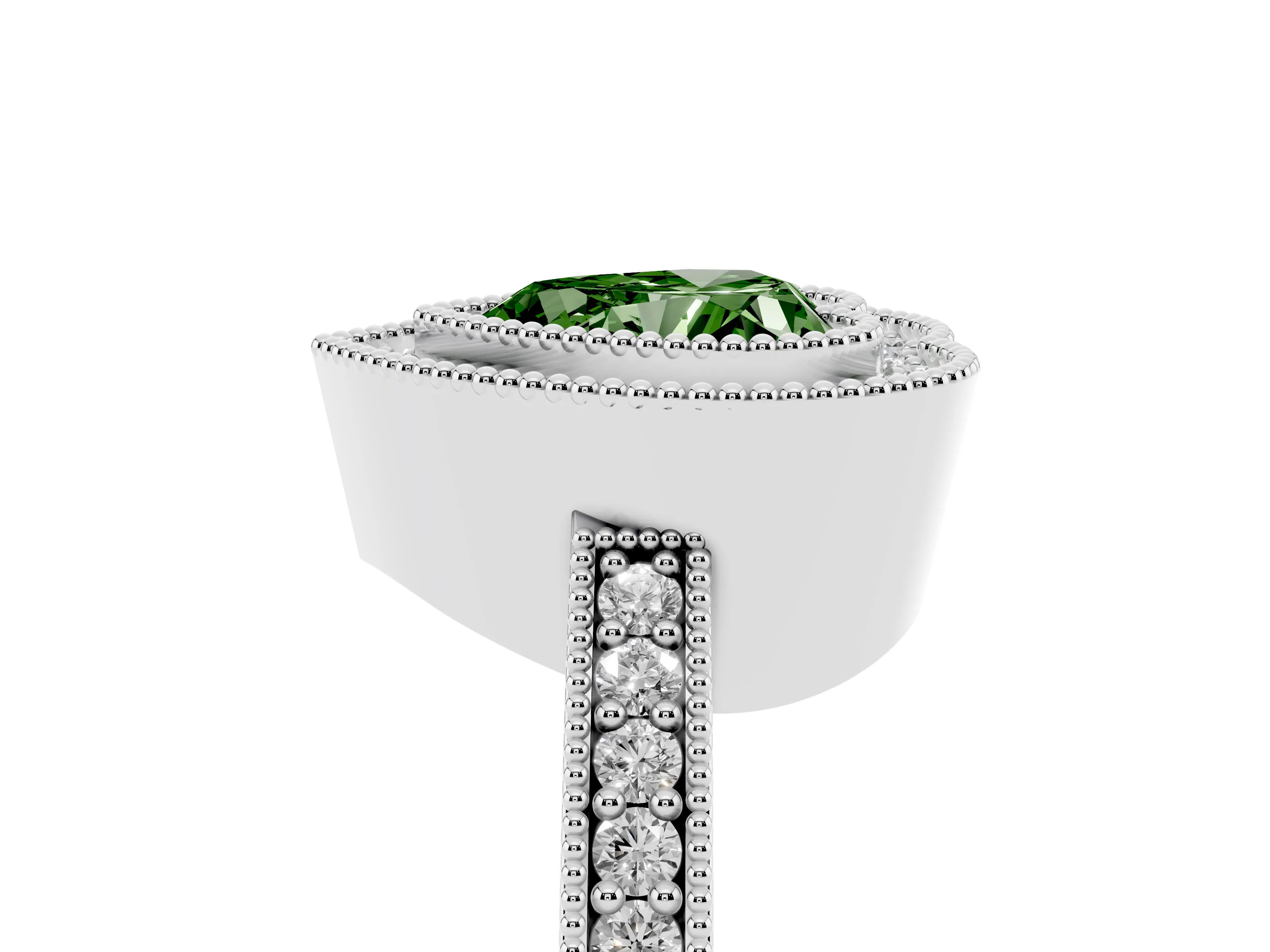 Fancy Green Heart Cut Diamond Halo Engagement Ring Set in Platinum with Pavé Band and Round Halo Stones