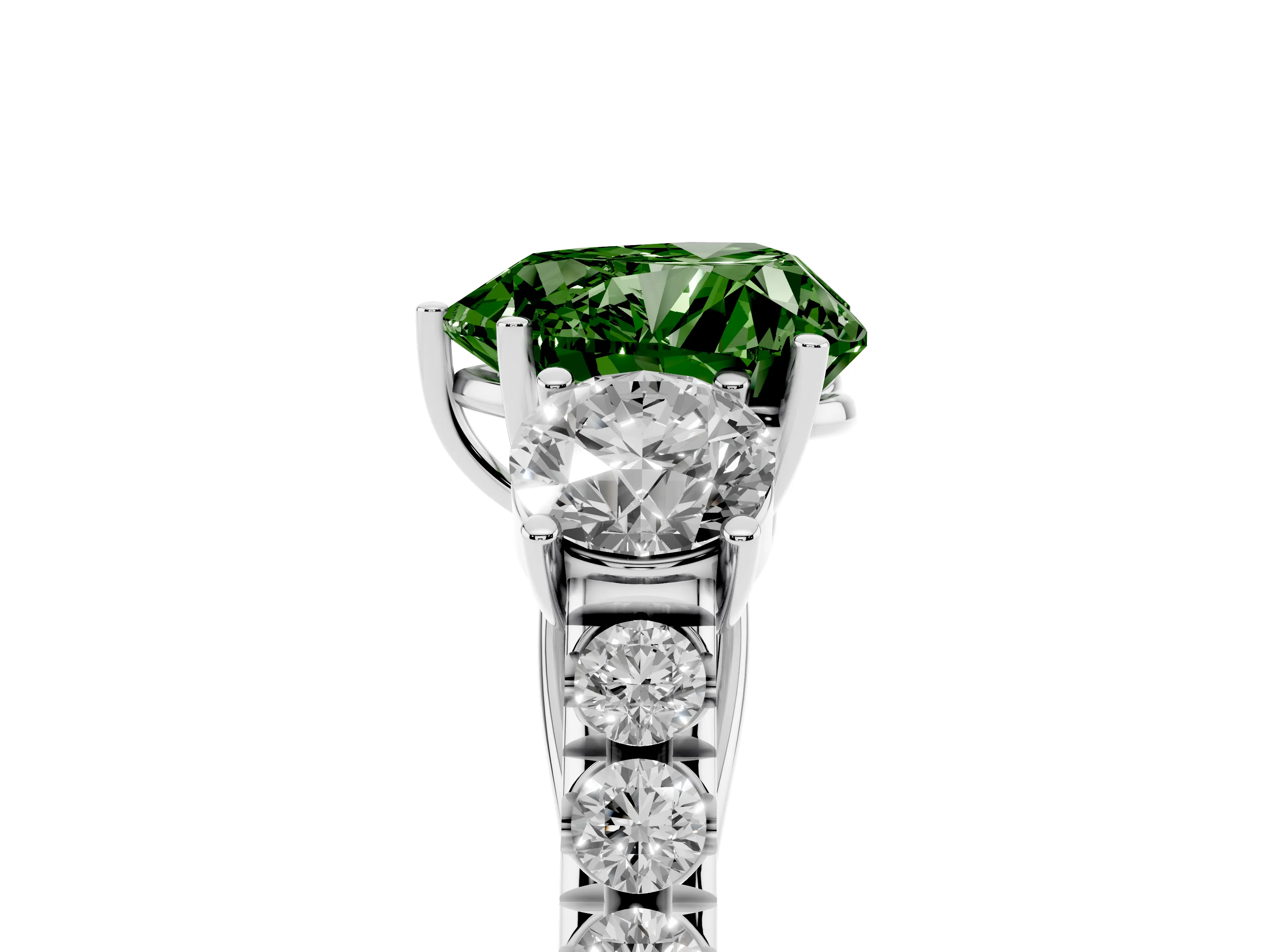Fancy Green Heart Cut Diamond Three-Stone Ring Set in White gold with Round Side Stones and Delicate Pavé Band