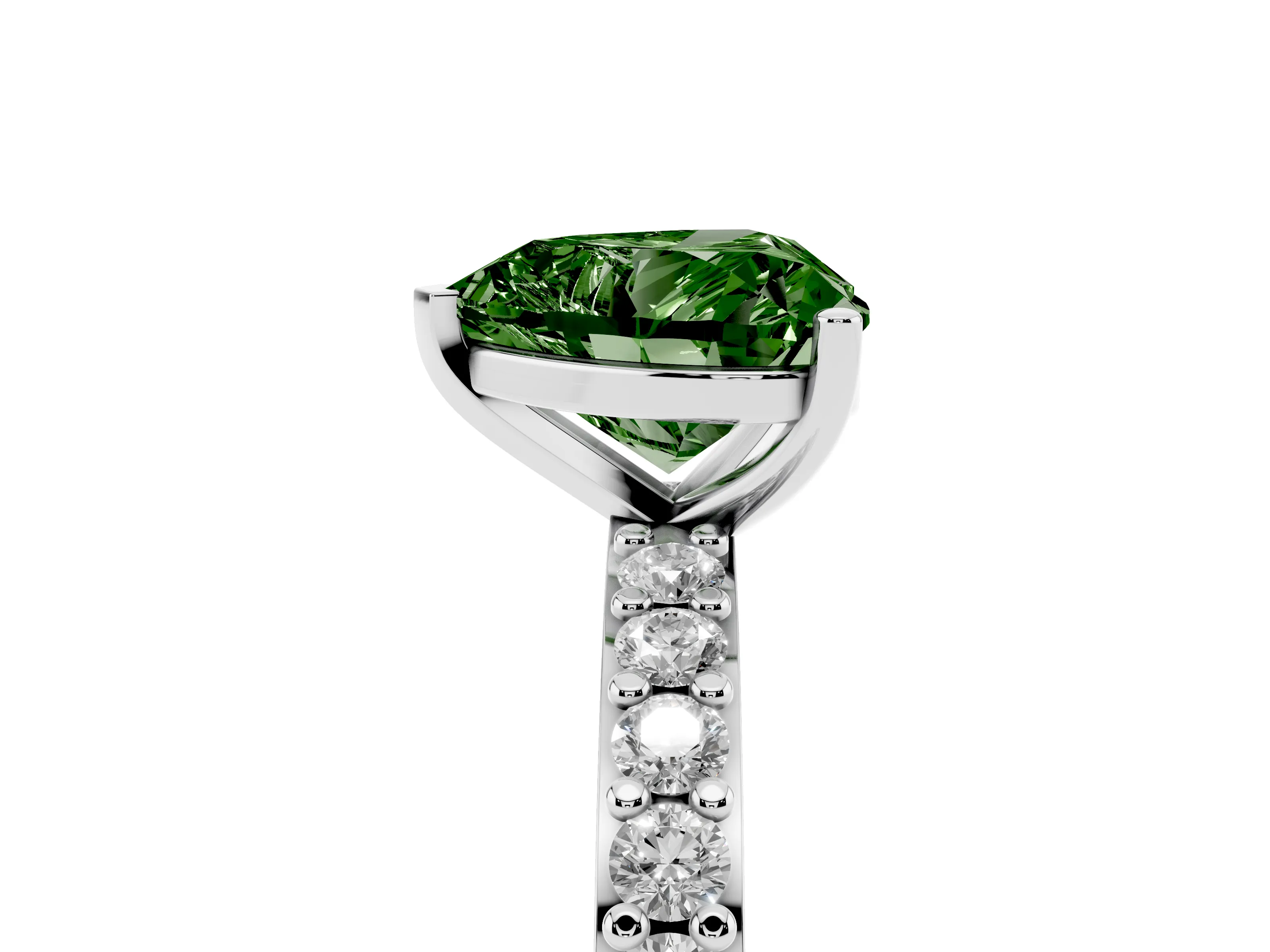 Fancy Green Heart Cut Diamond Solitaire Set in White gold with Round Pavé Band and Prong Setting