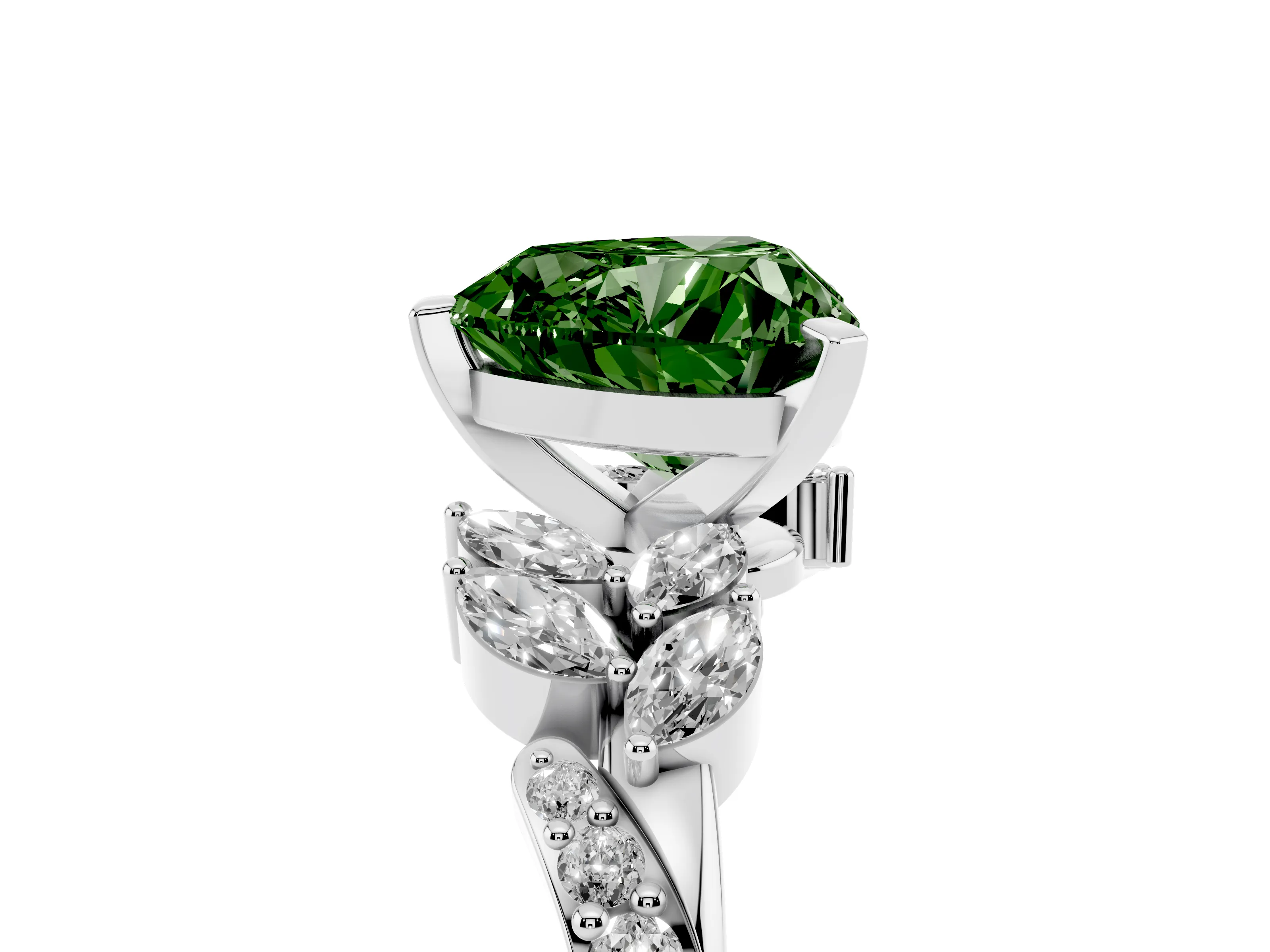 Fancy Green Heart Cut Diamond Solitaire Ring Set in Platinum with Marquise Twist Band and Prong Setting
