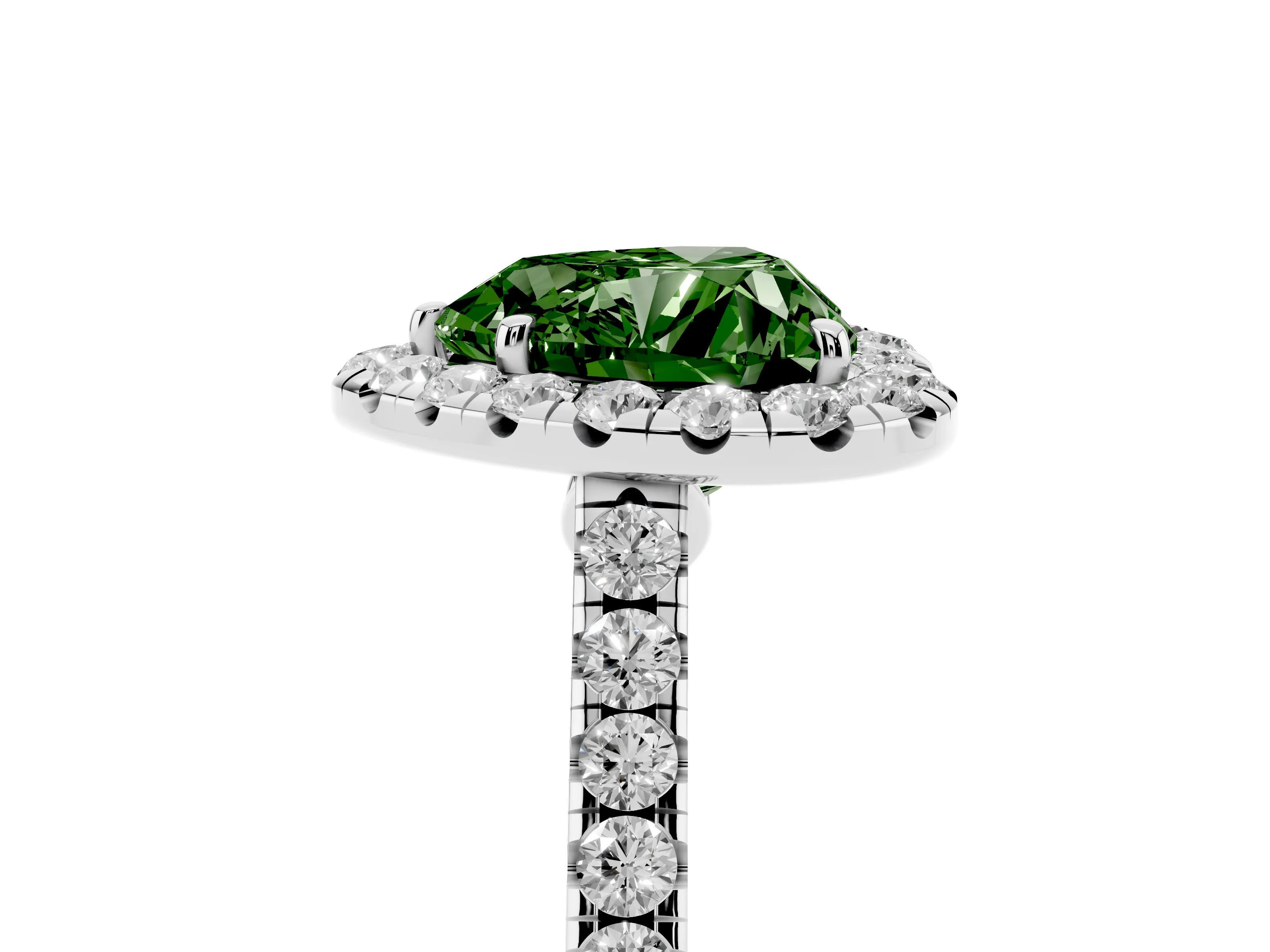 Fancy Green Heart Cut Diamond Halo Pavé Engagement Ring Set in Silver with Prong Setting