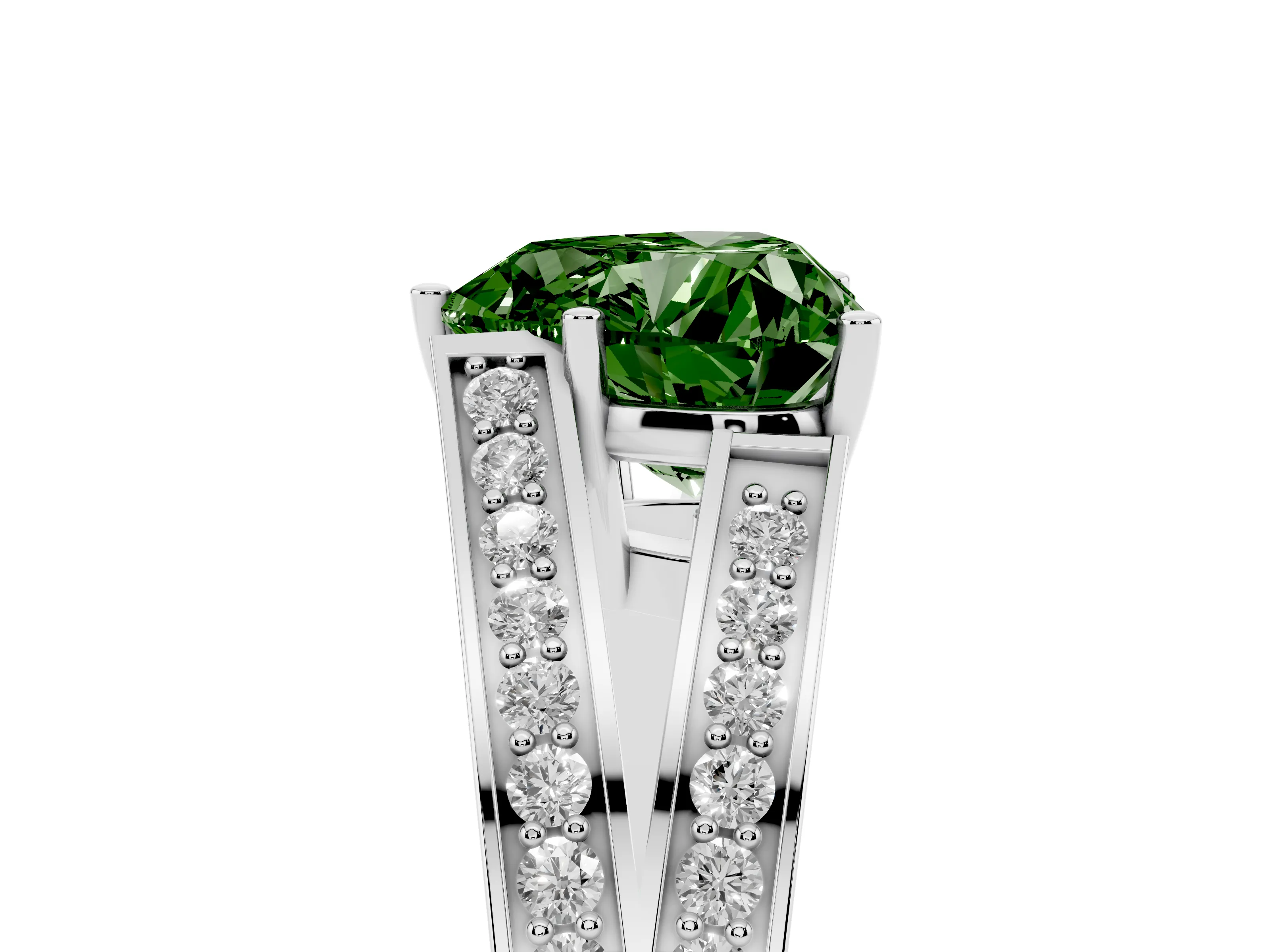 Fancy Green Heart Cut Diamond Split Shank Ring Set in Silver with Pavé Band and Prong Setting