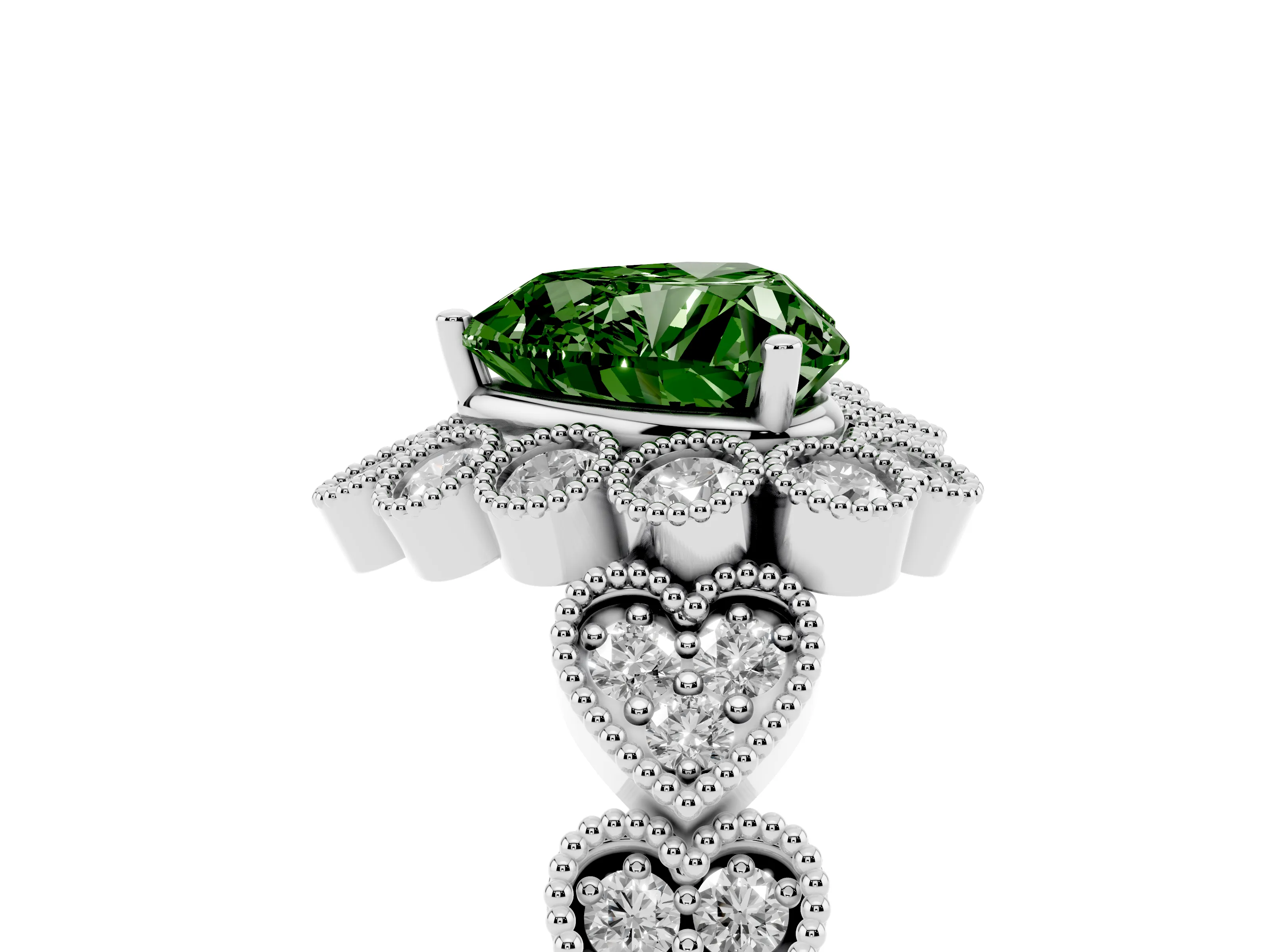Fancy Green Heart Cut Diamond Solitaire Ring Set in Platinum with Milgrain Pavé Heart Band
