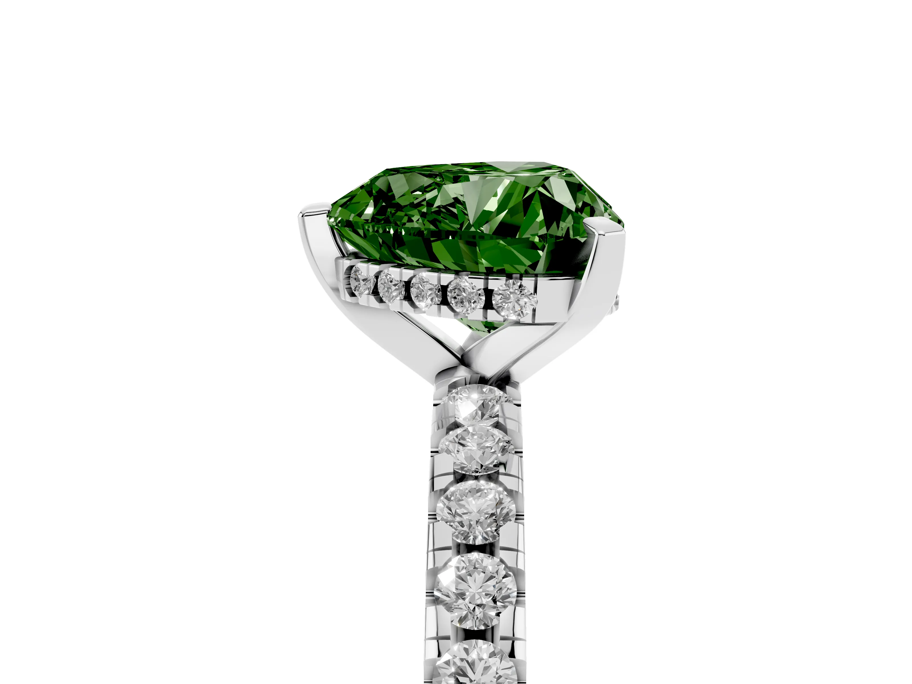 Fancy Green Heart Cut Diamond Pavé Solitaire Ring Set in White gold with Round Band Accents and Prong Setting