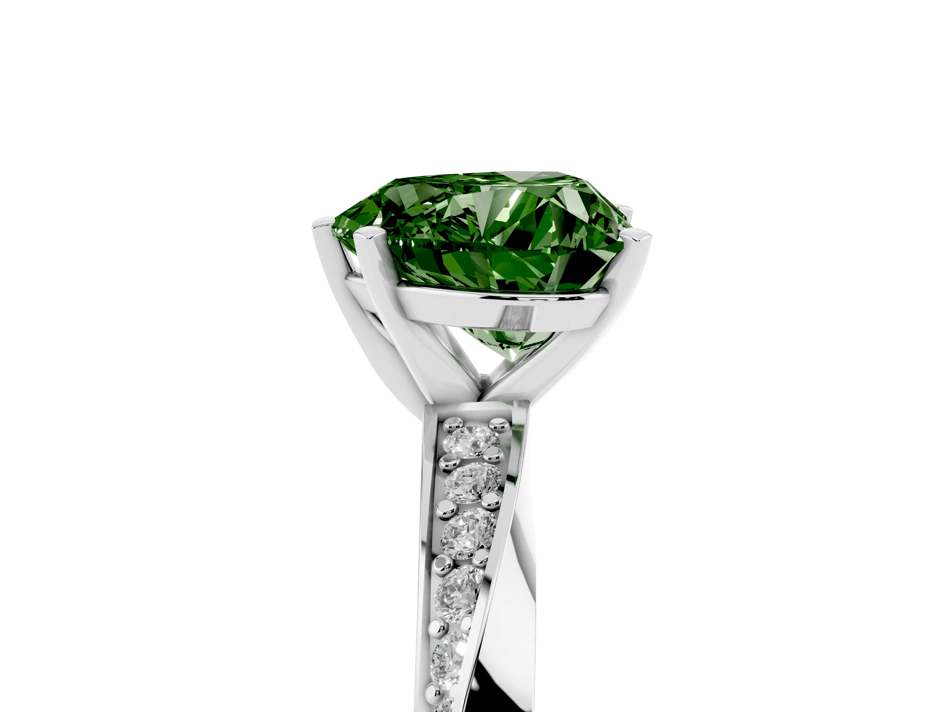 Fancy Green Heart Cut Diamond Engagement Ring Set in White gold with Side Stone Accents and Prong Setting