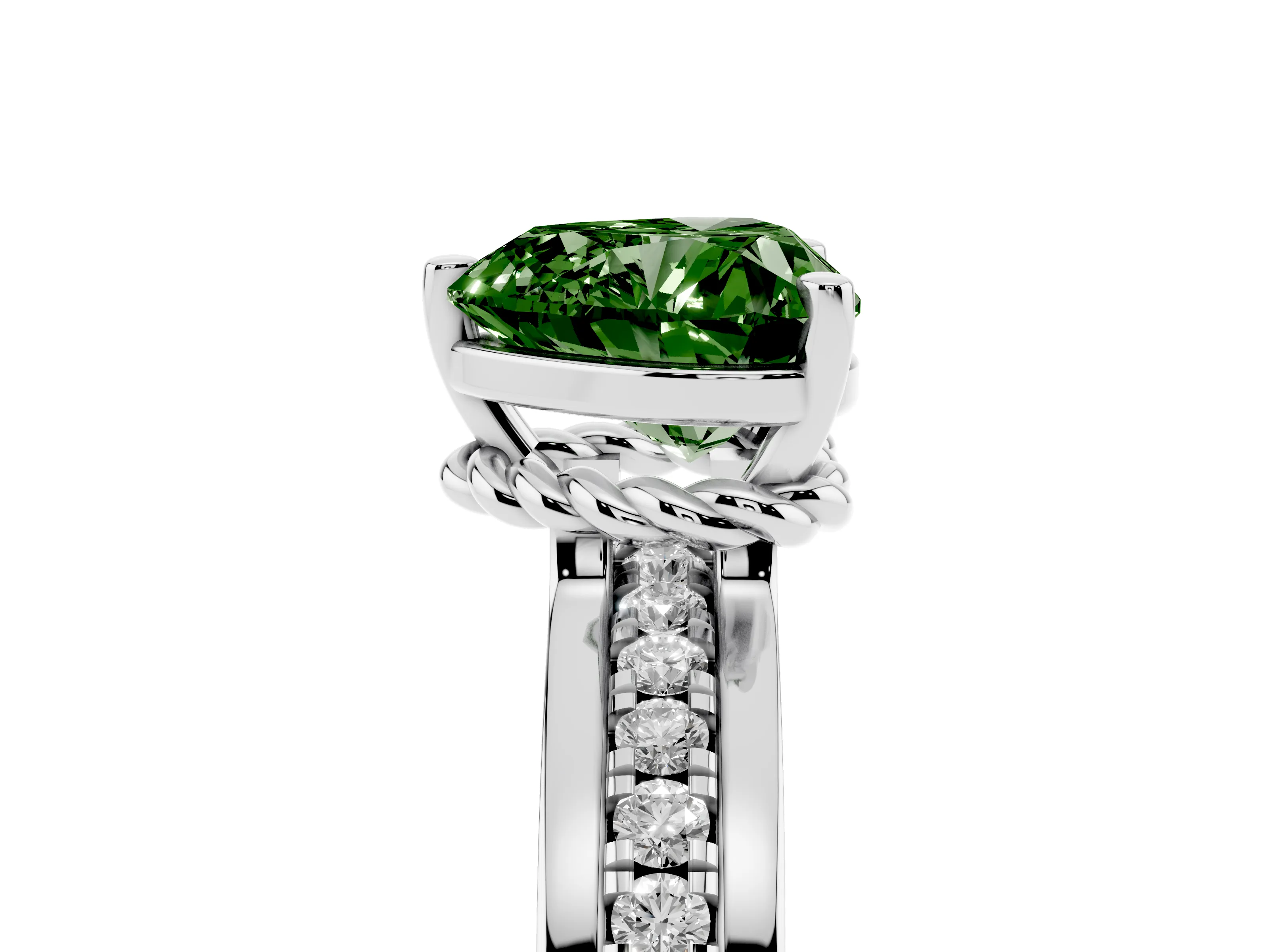 Fancy Green Heart Cut Diamond Solitaire Ring Set in White gold with Channel Set Band and Prong Setting