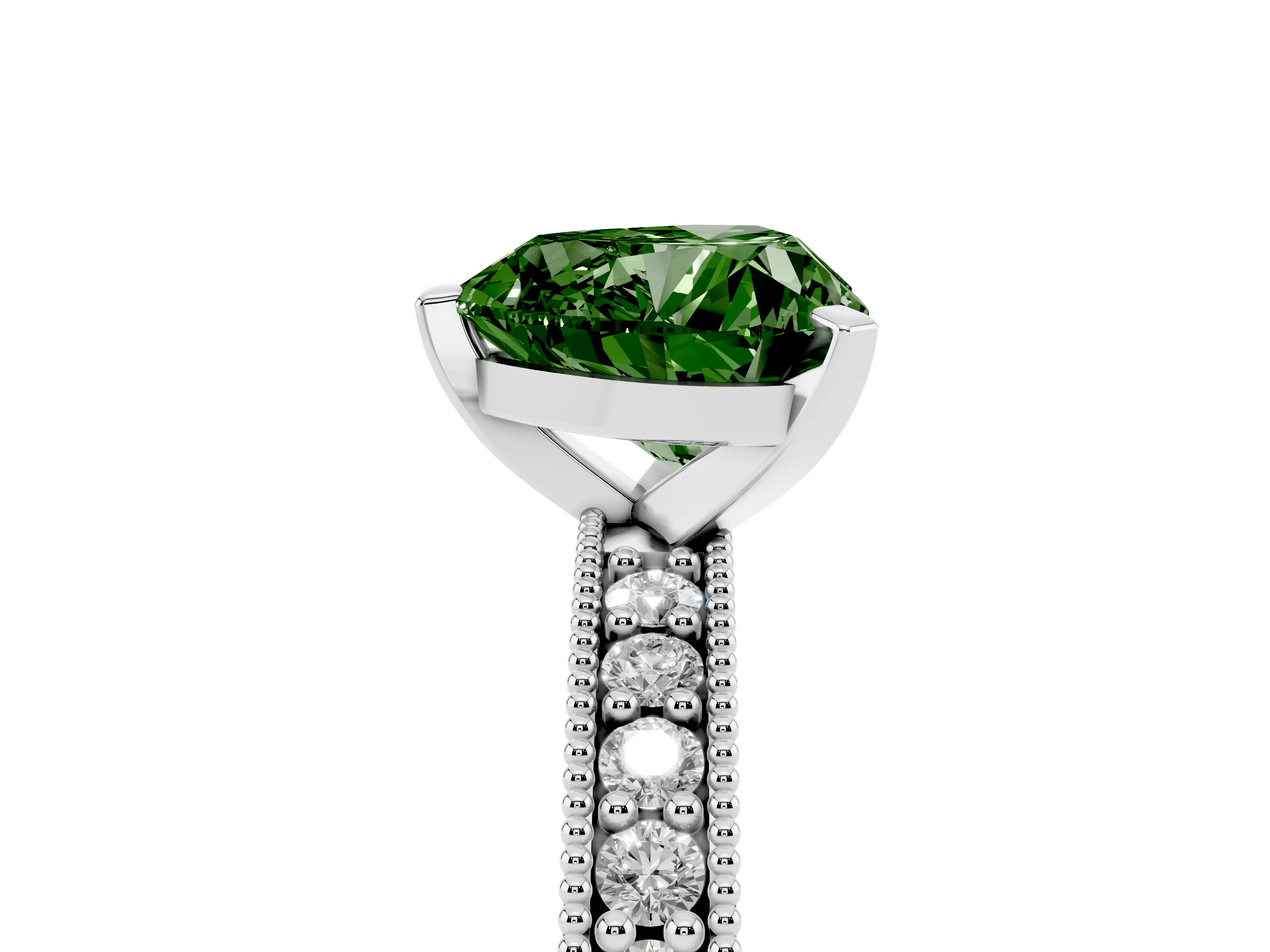 Fancy Green Heart Cut Diamond Milgrain Pavé Engagement Ring Set in Silver with Prong Setting