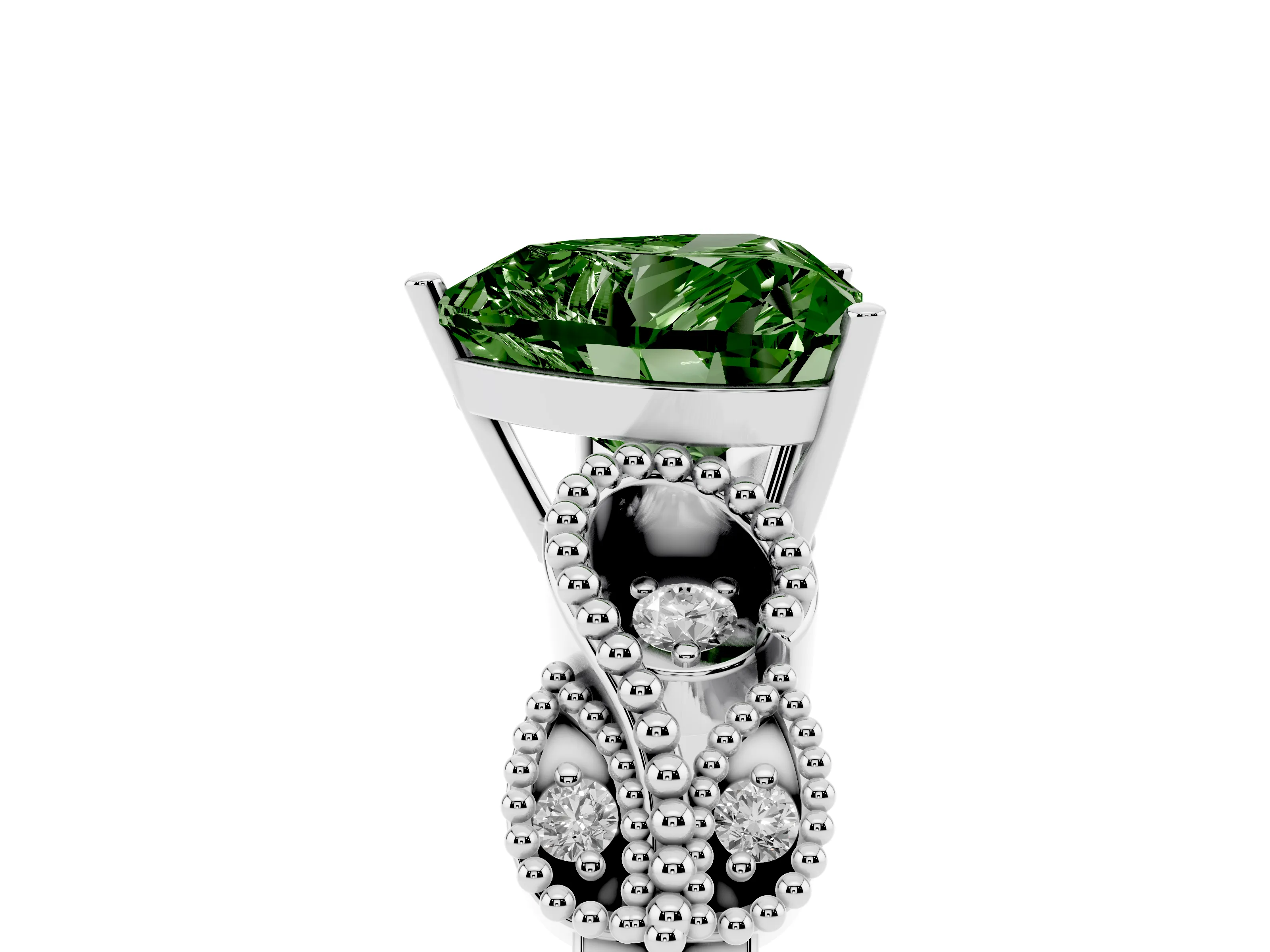 Fancy Green Heart Cut Diamond Milgrain Leaf Band Solitaire Ring Set in White gold with Accent Stones and Prong Setting