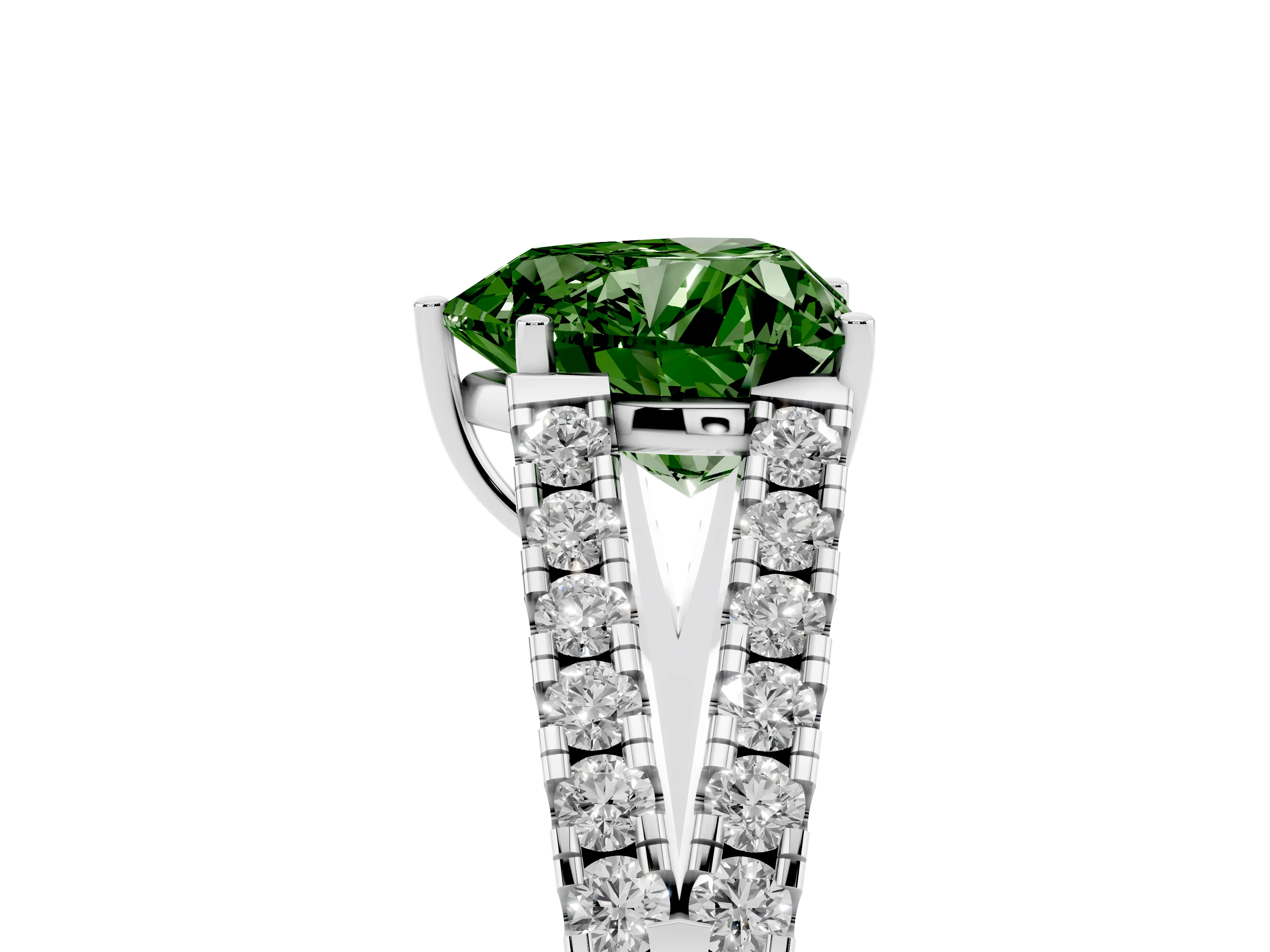 Fancy Green Heart Cut Diamond Split Shank Pavé Engagement Ring Set in Platinum with Prong-Held Center Stone
