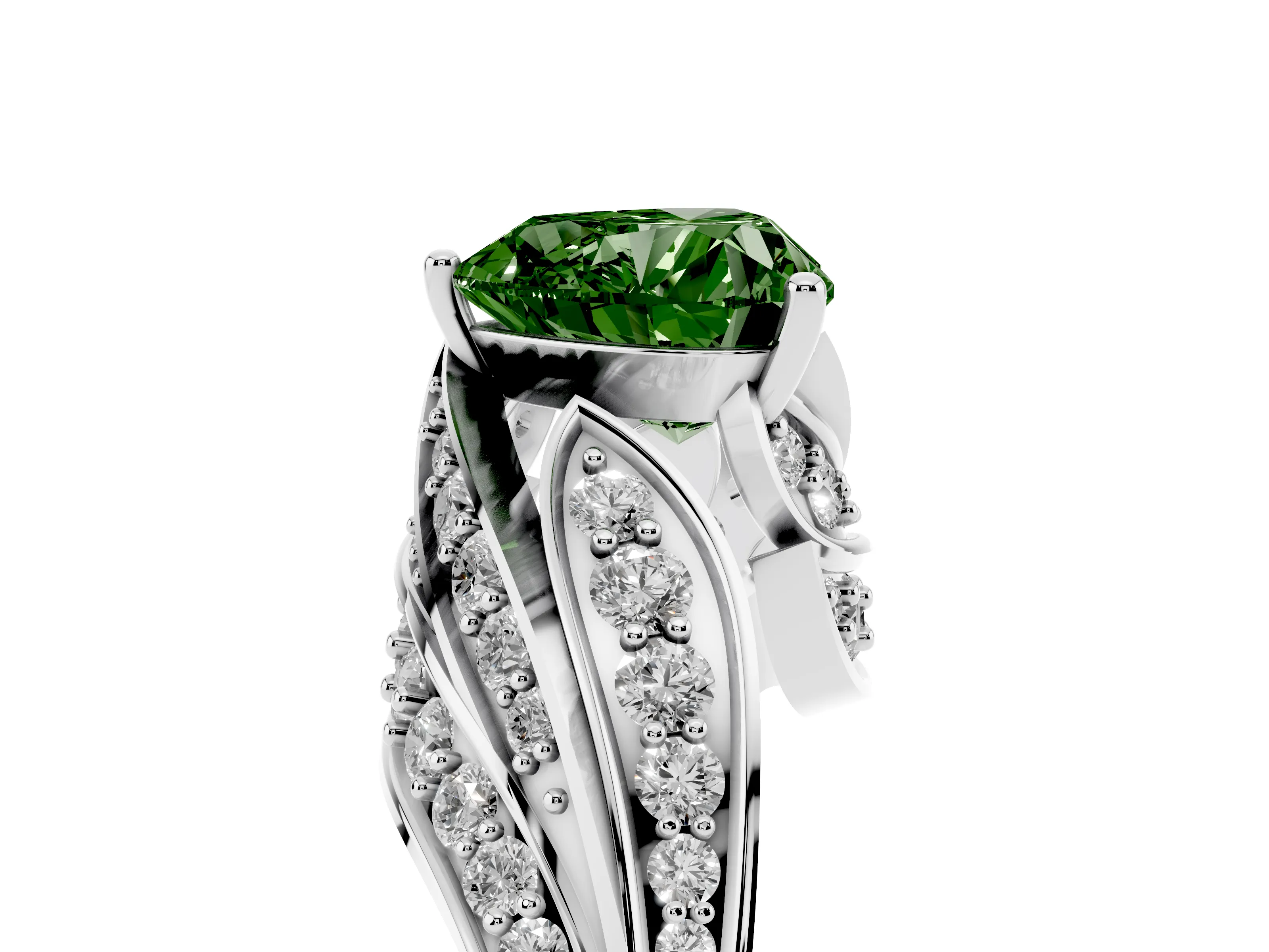 Fancy Green Heart Cut Diamond Solitaire Ring Set in Platinum with Layered Twist Pavé Band