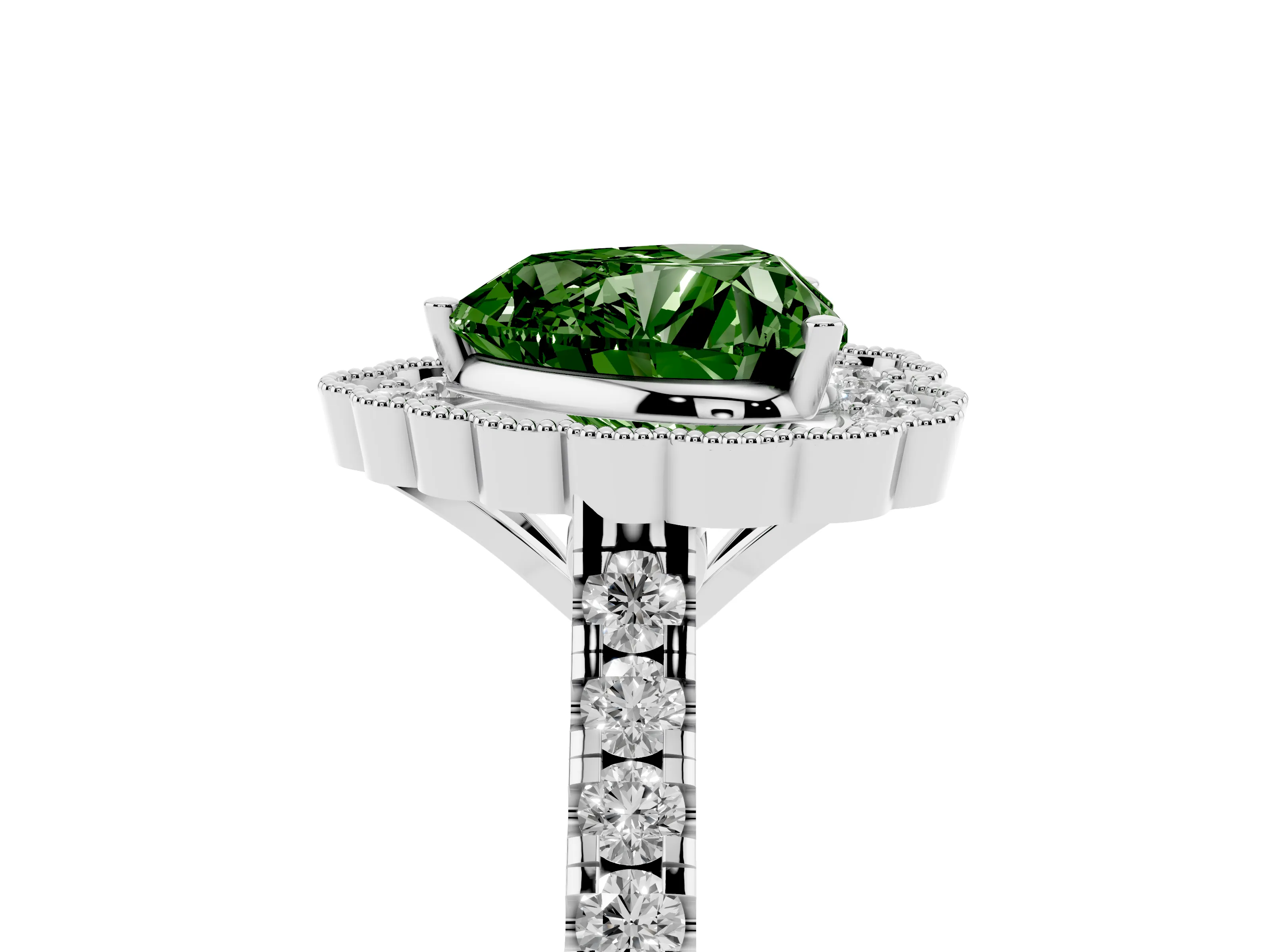 Fancy Green Heart Cut Diamond Milgrain Floral Halo Engagement Ring Set in White gold with Pavé Band