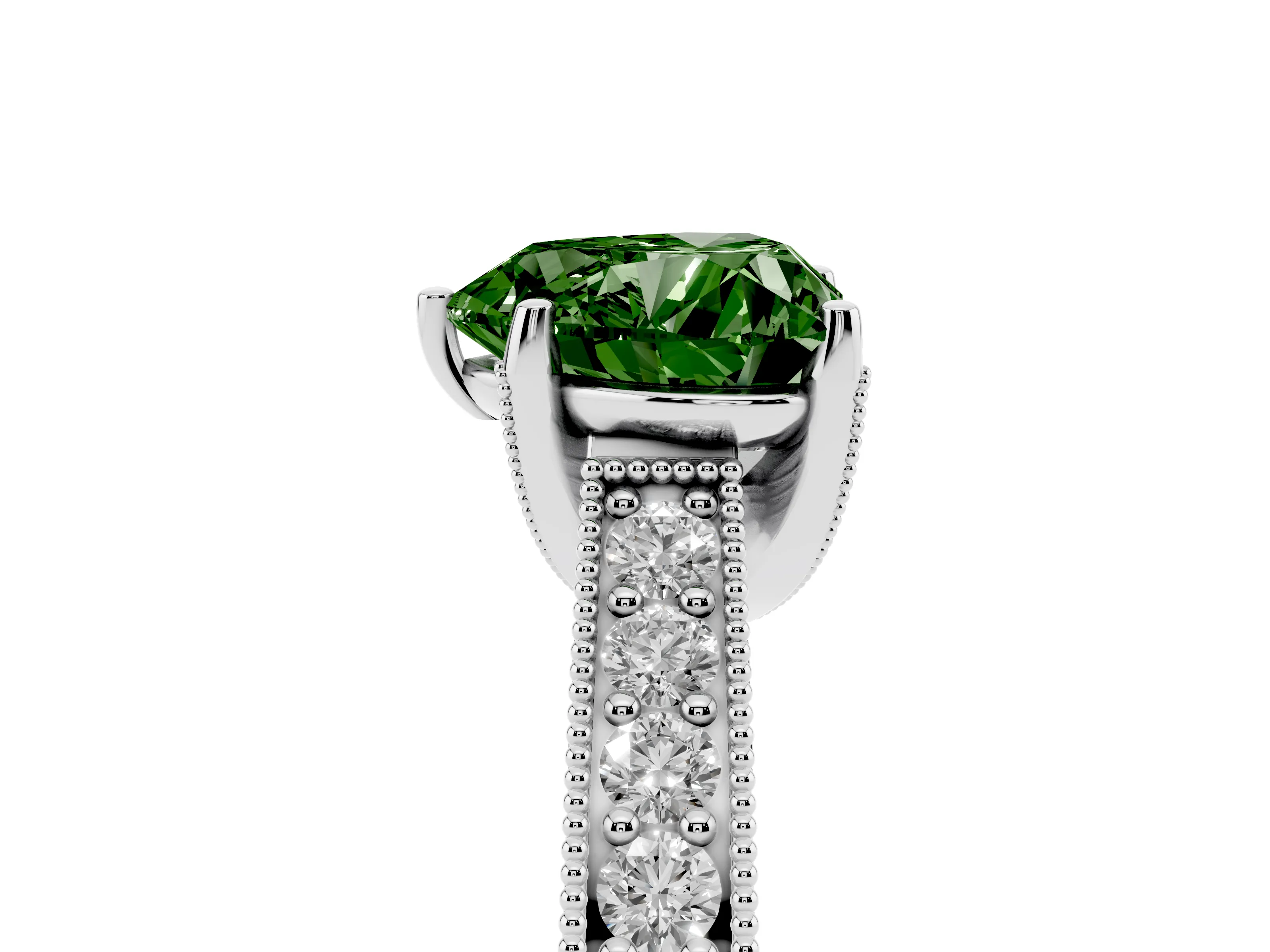 Fancy Green Heart Cut Diamond Solitaire Ring Set in White gold with Milgrain-Edged Pavé Band and Prong Setting