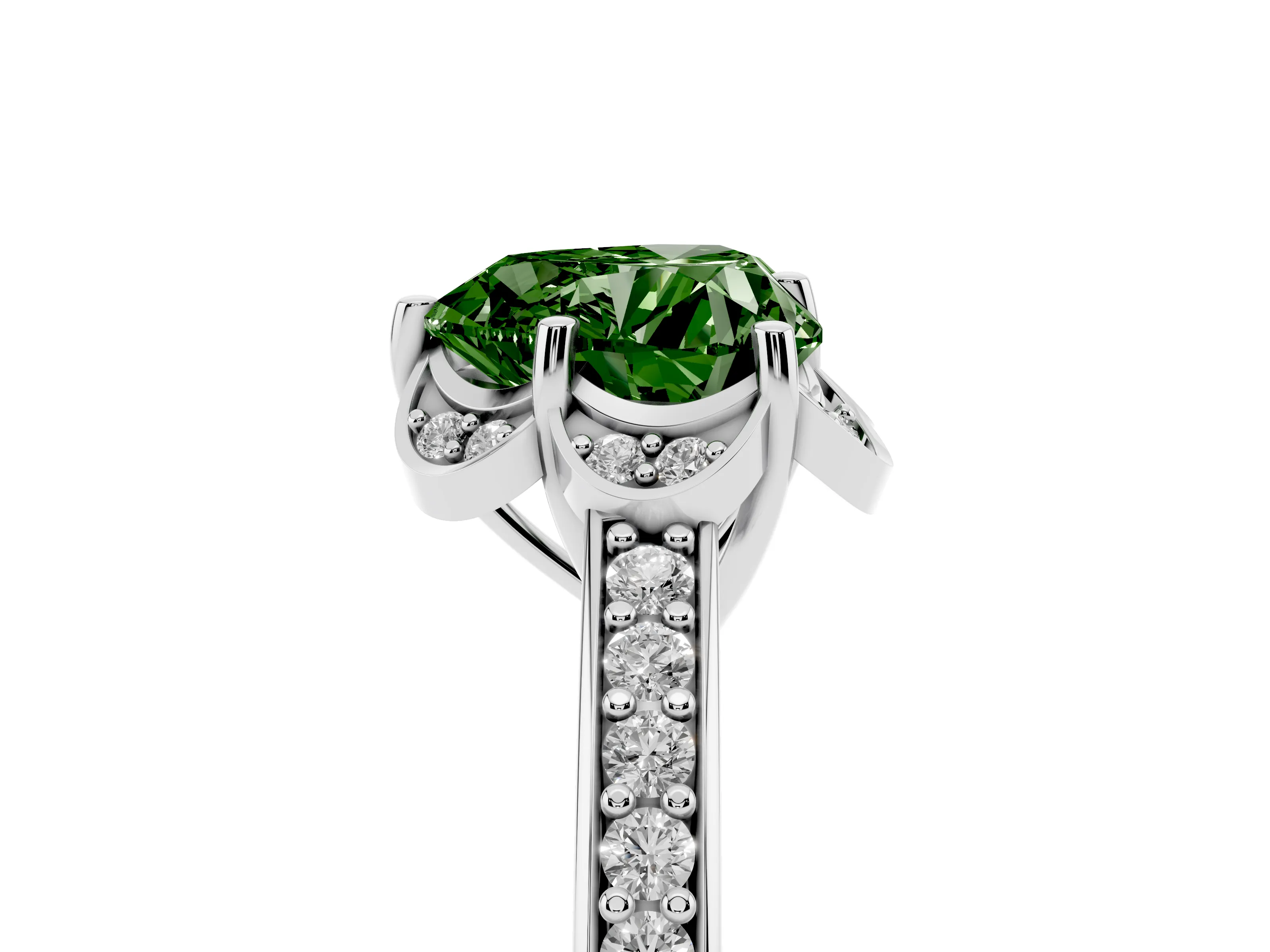 Fancy Green Heart Cut Diamond Halo Ring Set in Silver with Channel Set Band and Prong Setting