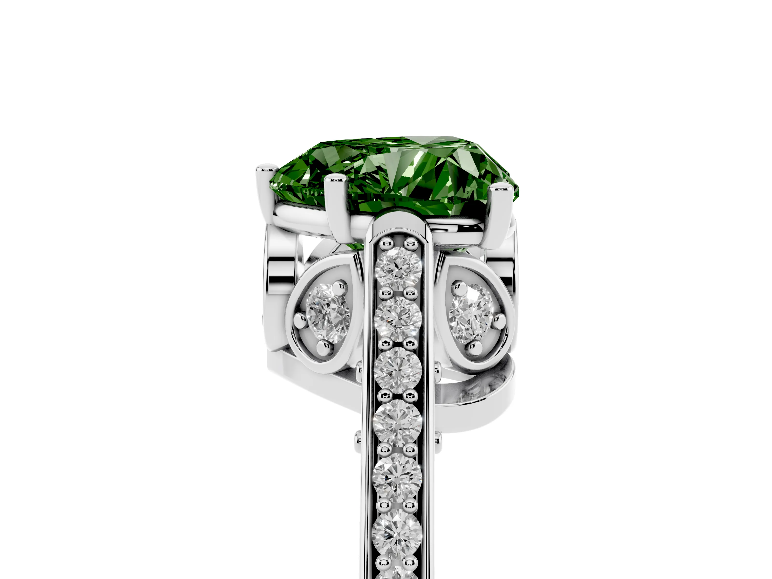 Fancy Green Heart Cut Diamond Cathedral Pavé Engagement Ring Set in Silver with Prong Setting