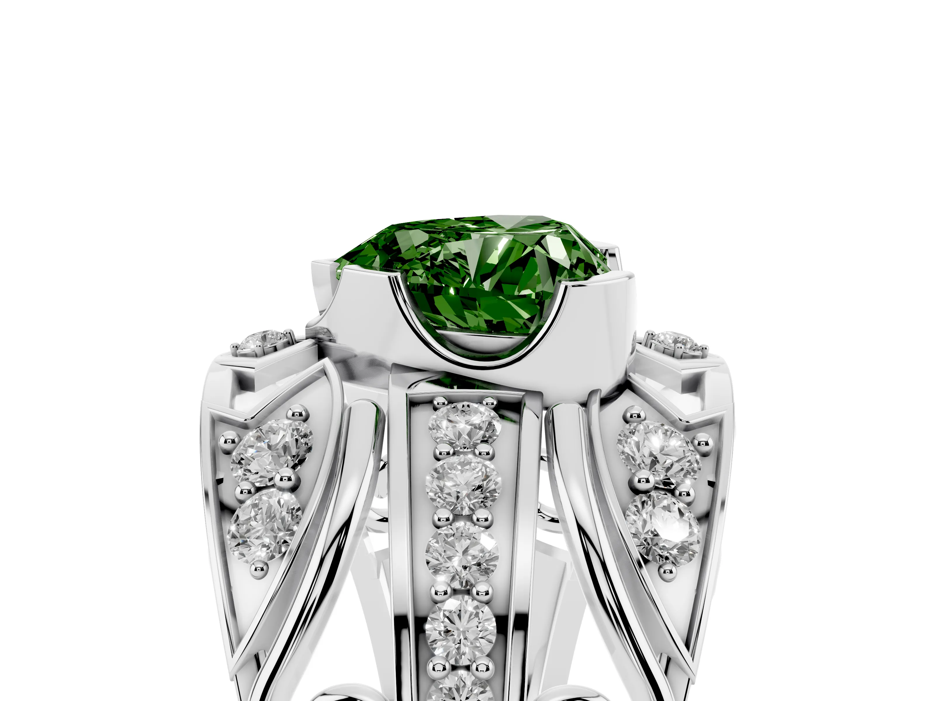 Fancy Green Heart Cut Diamond Art Deco Ring Set in Silver with Pavé Split Shank