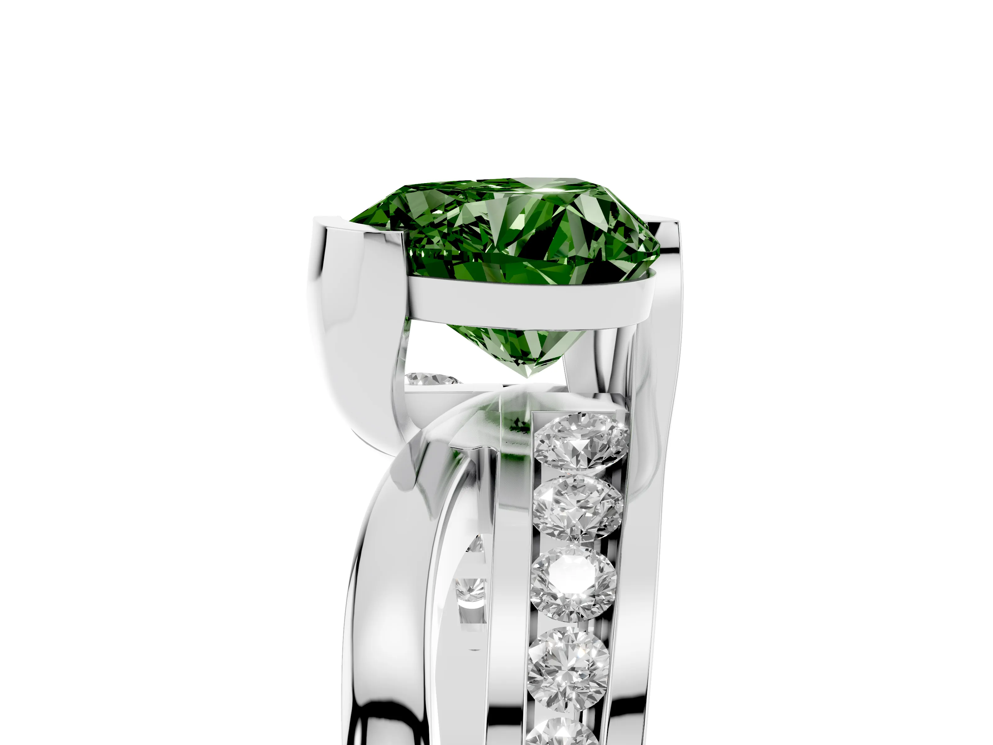 Fancy Green Heart Cut Diamond Solitaire Ring Set in White gold with Channel Set Split Shank and Tension Prongs