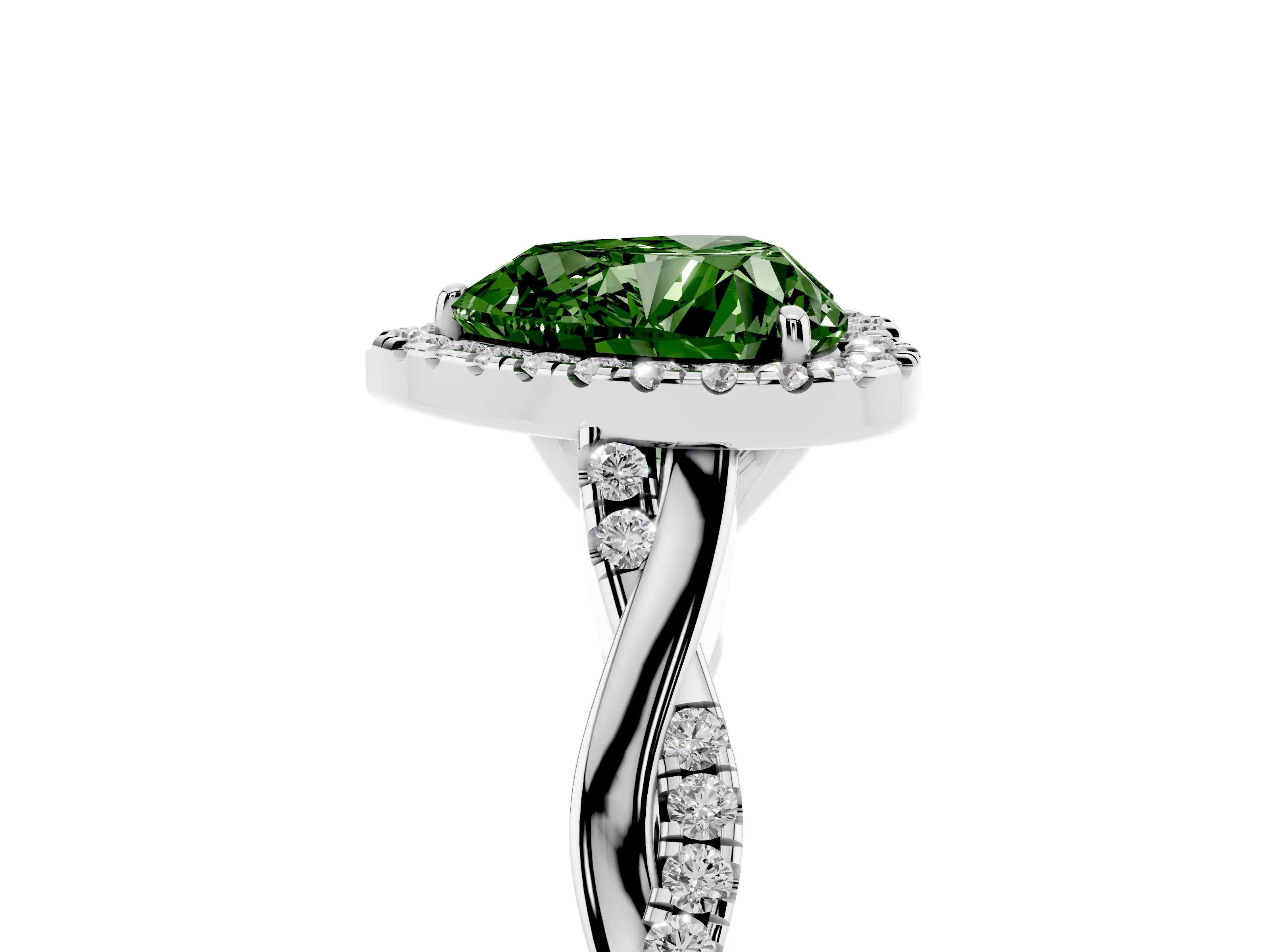 Fancy Green Heart Cut Diamond Halo Twist Band Solitaire Ring Set in White gold with Prong Setting