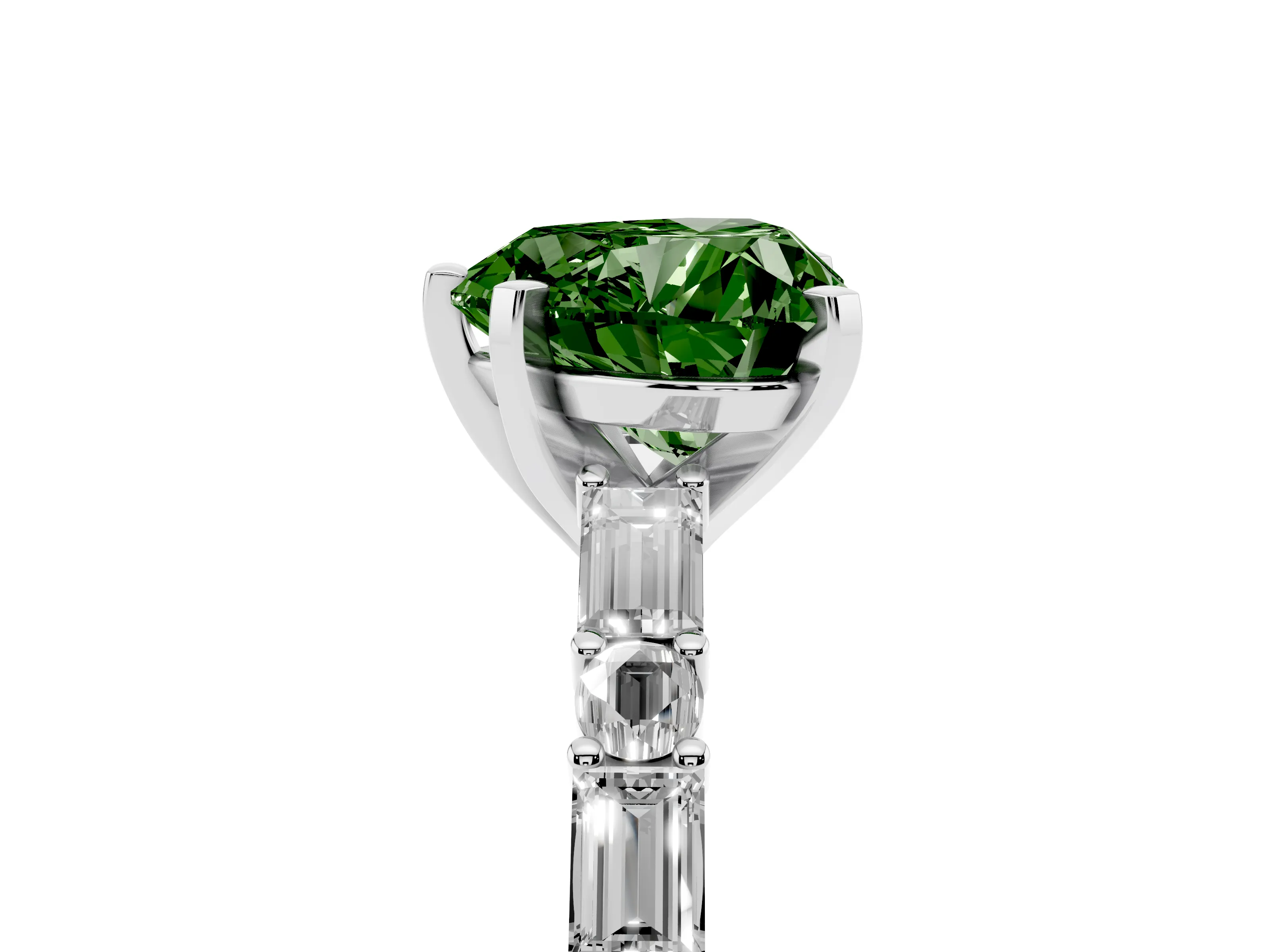 Fancy Green Heart Cut Diamond Solitaire Set in Silver with Side Baguettes and Channel Set Band