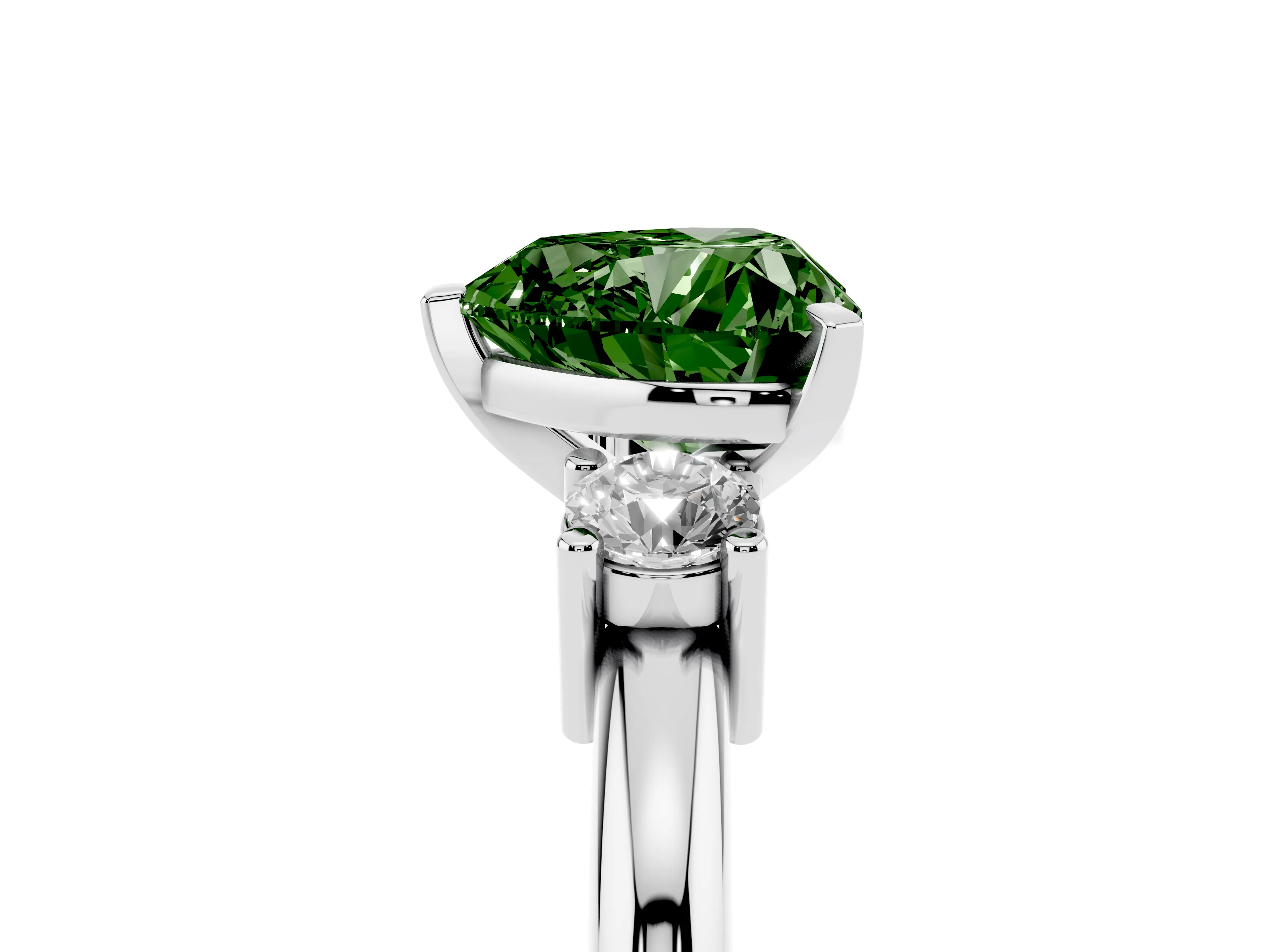 Fancy Green Three-Stone Heart Cut Diamond Ring Set in Silver with Prong Setting and Plain Band