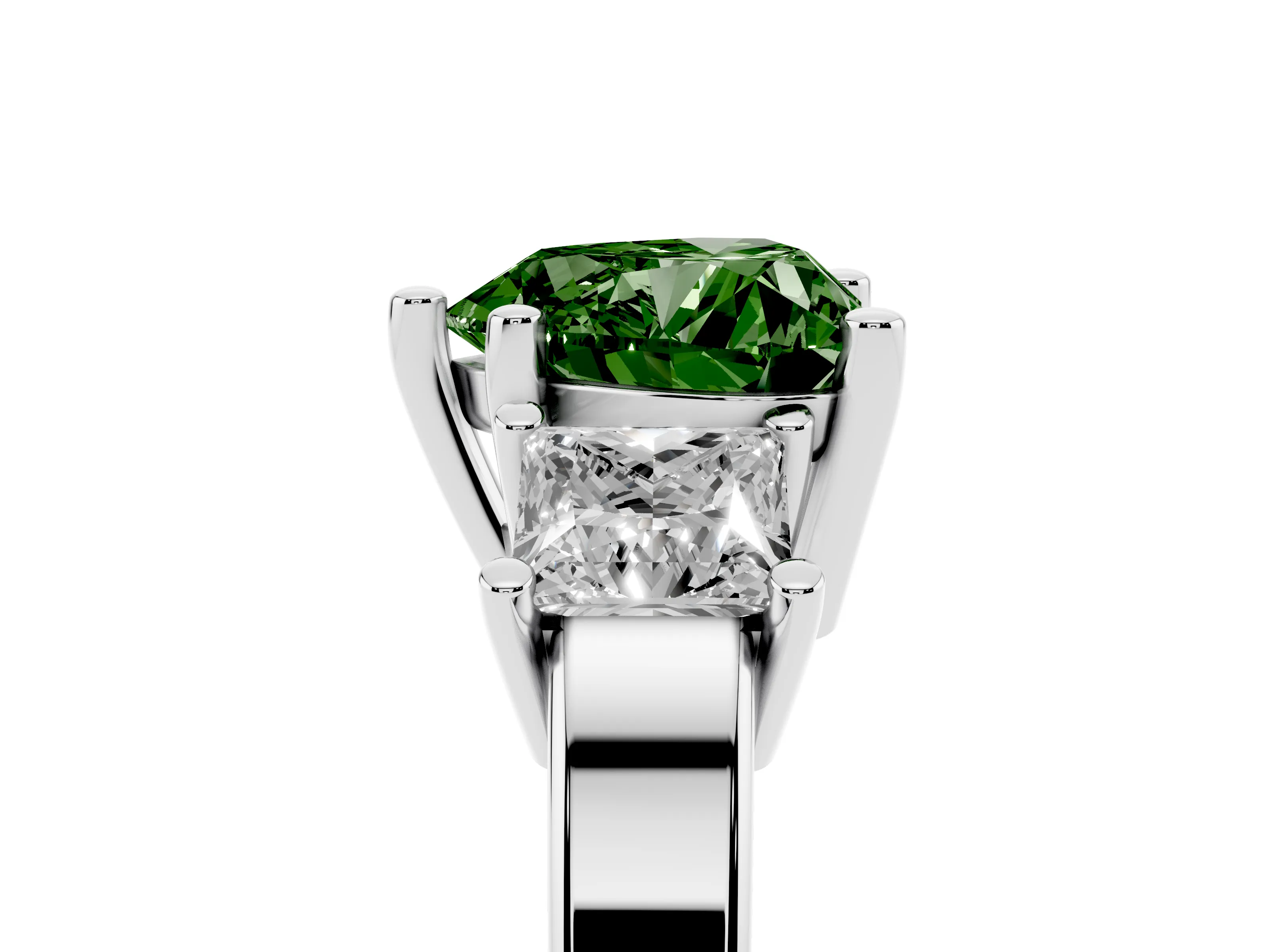 Fancy Green Three-Stone Heart Cut Diamond Solitaire Ring Set in Platinum with Prong Setting