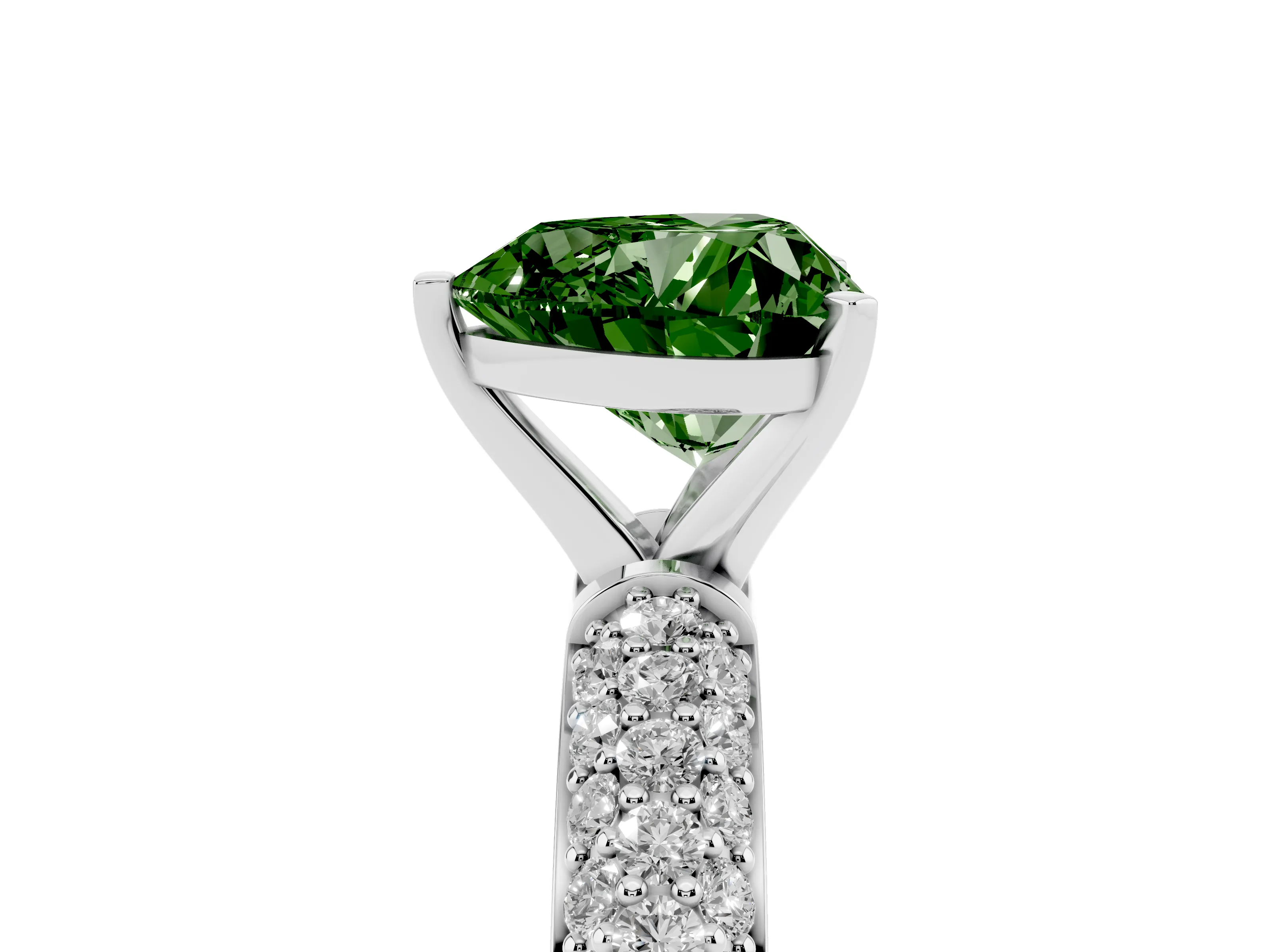 Fancy Green Heart Cut Diamond Solitaire Ring Set in Platinum with Prong Setting and Pavé-Set Band