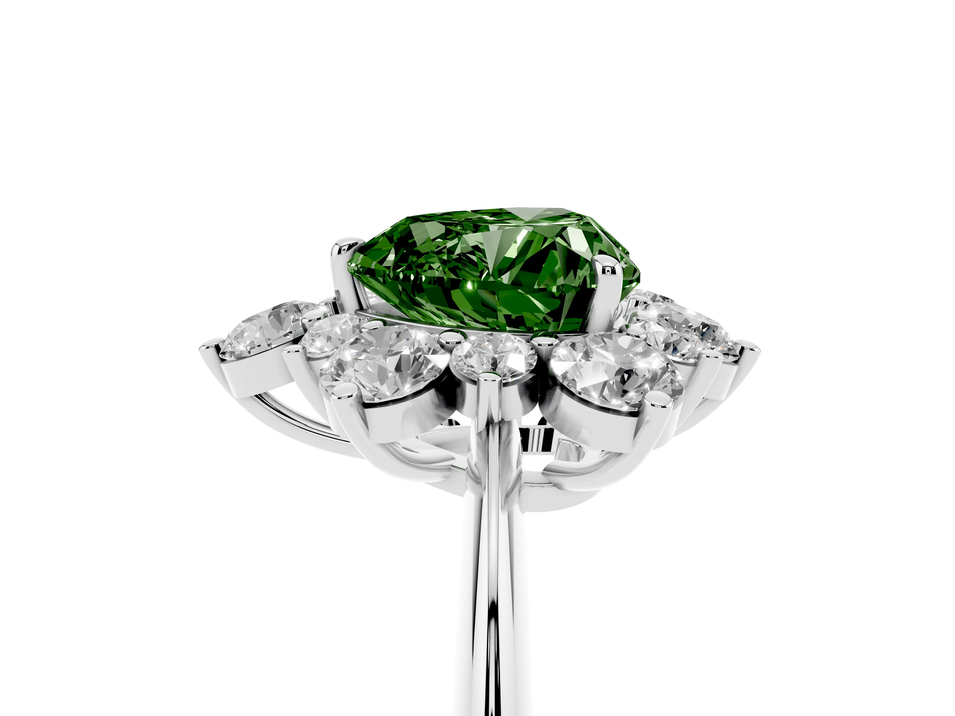 Fancy Green Heart Cut Diamond Cluster Halo Ring Set in White gold with Solitaire Band and Prong Setting