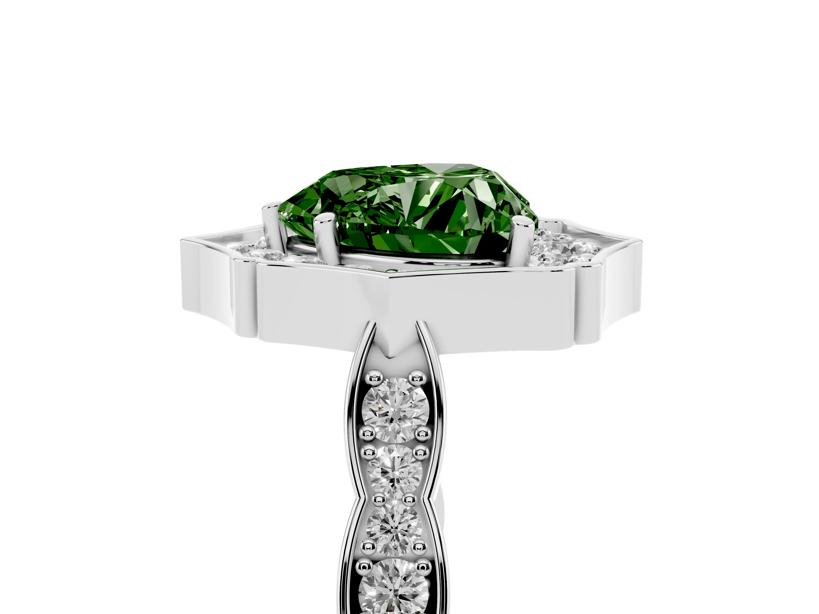 Fancy Green Heart Cut Diamond Halo Engagement Ring Set in White gold with Milgrain Band and Prong Setting