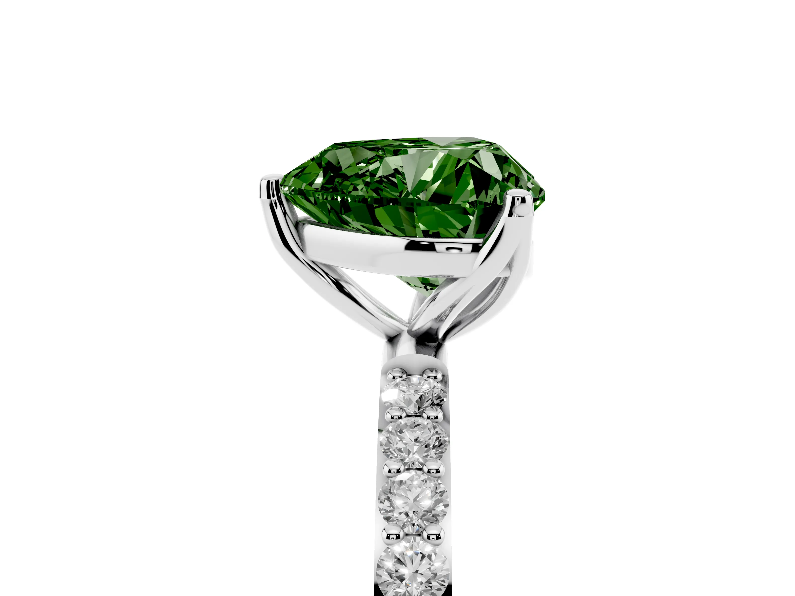 Fancy Green Heart Cut Diamond Solitaire Engagement Ring Set in Platinum with Round Pavé Band and Prong Setting