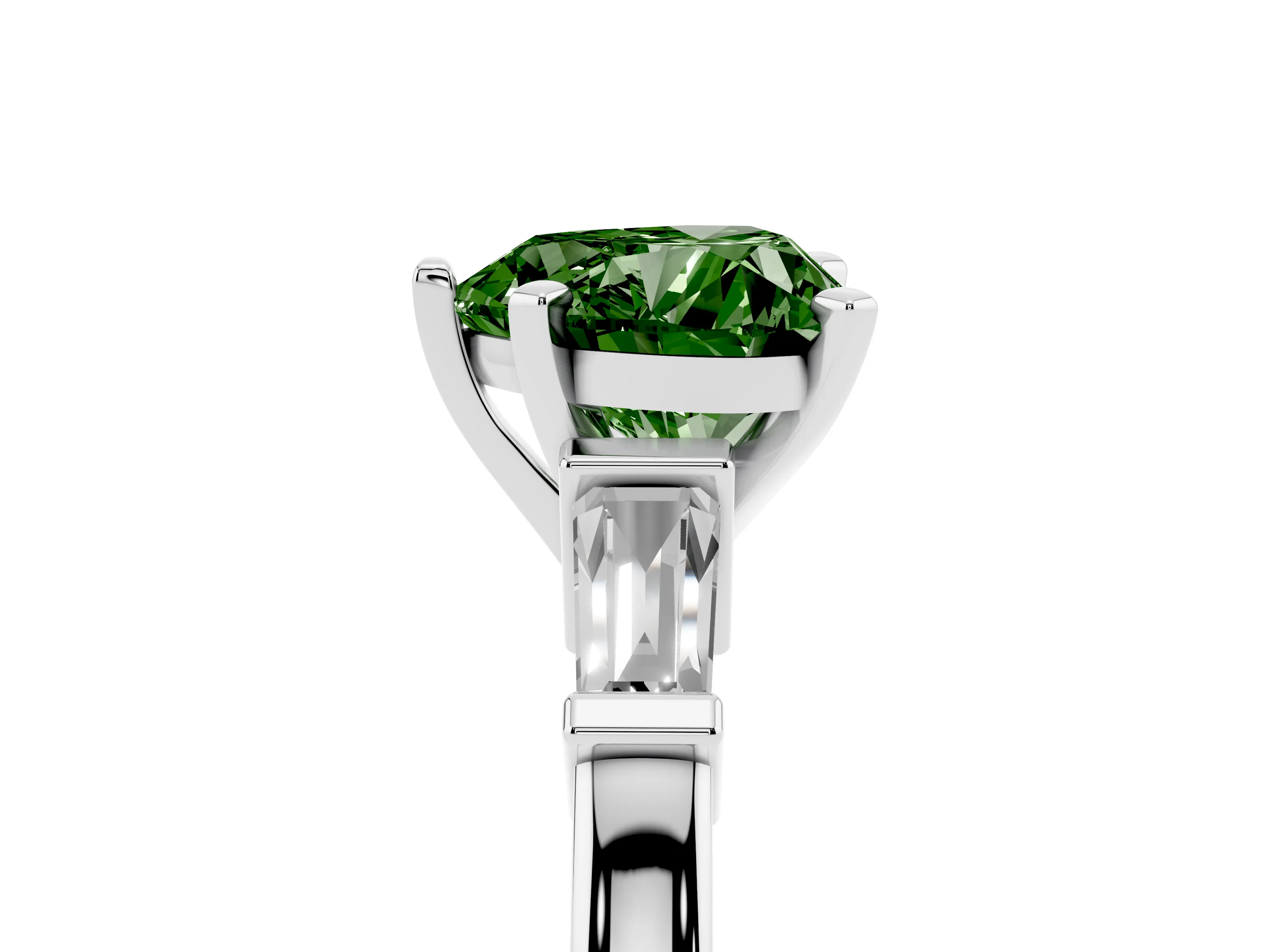 Fancy Green Heart Cut Diamond Solitaire Ring Set in Silver with Tapered Baguette Accents and Prong Setting