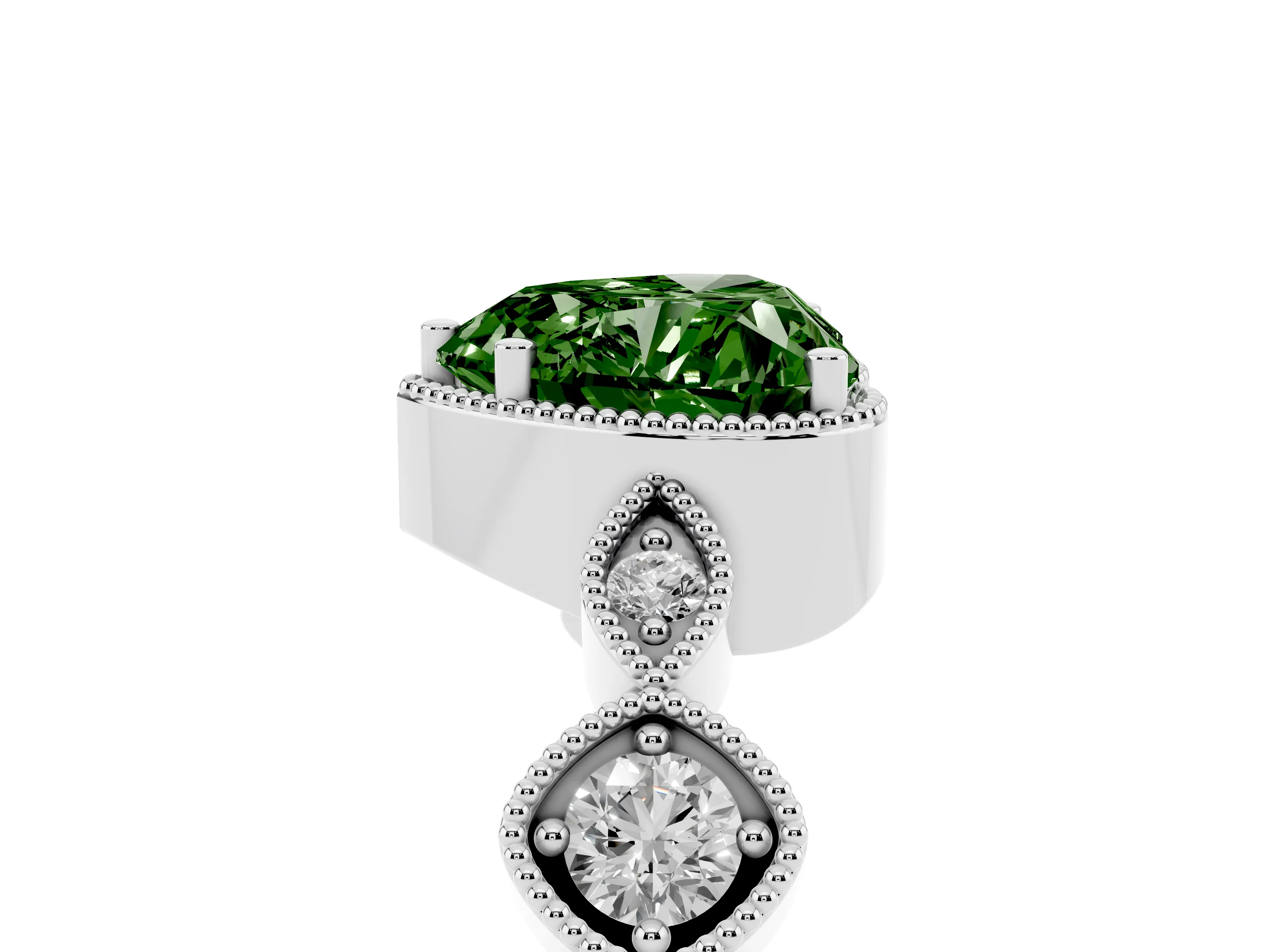 Fancy Green Heart Cut Diamond Vintage-Inspired Milgrain Ring Set in Silver with Marquise Stations of Round Accents