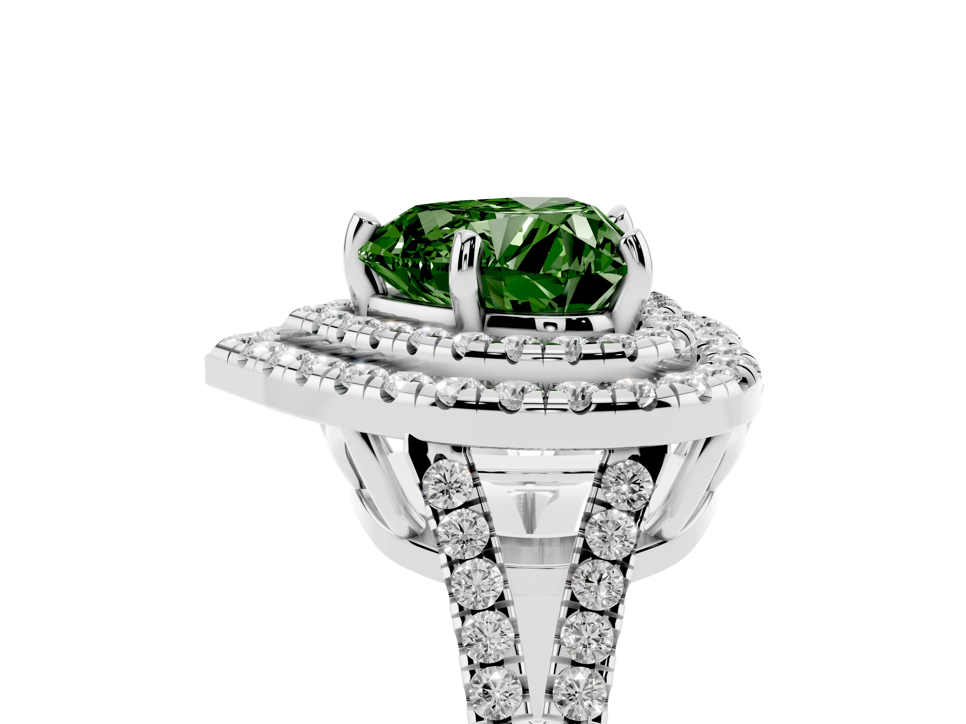Fancy Green Heart Cut Diamond Double Halo Ring Set in White gold with Pavé Band