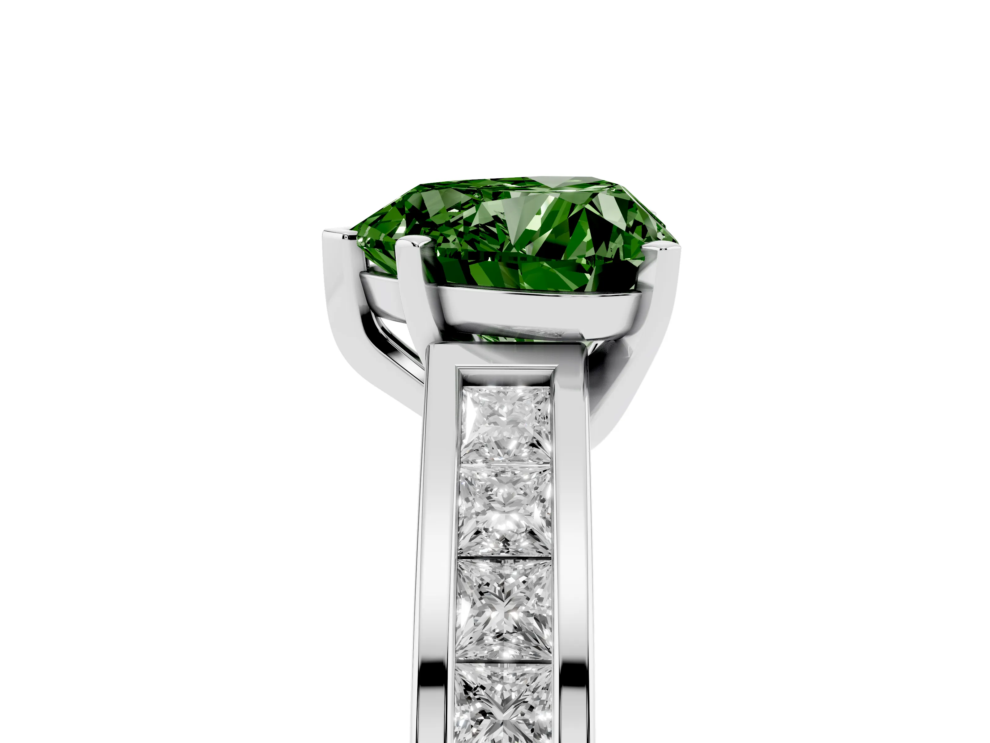 Fancy Green Heart Cut Diamond Solitaire Ring Set in Platinum with Channel-Set Band and Prong Setting