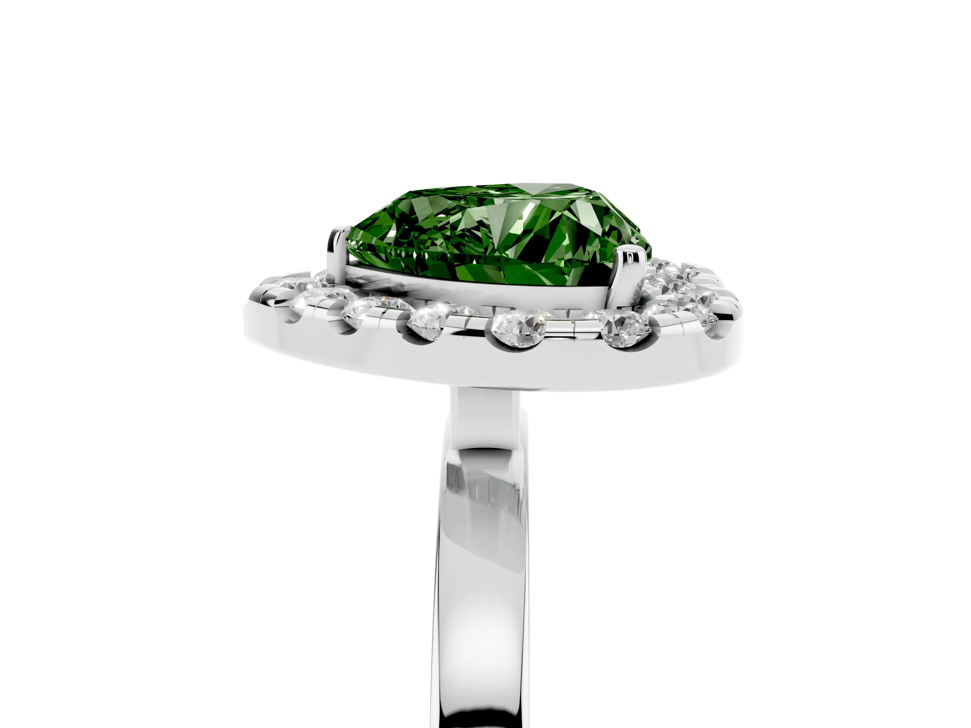 Fancy Green Heart Cut Diamond Halo Solitaire Ring Set in Silver with Pavé Band and Prong Setting
