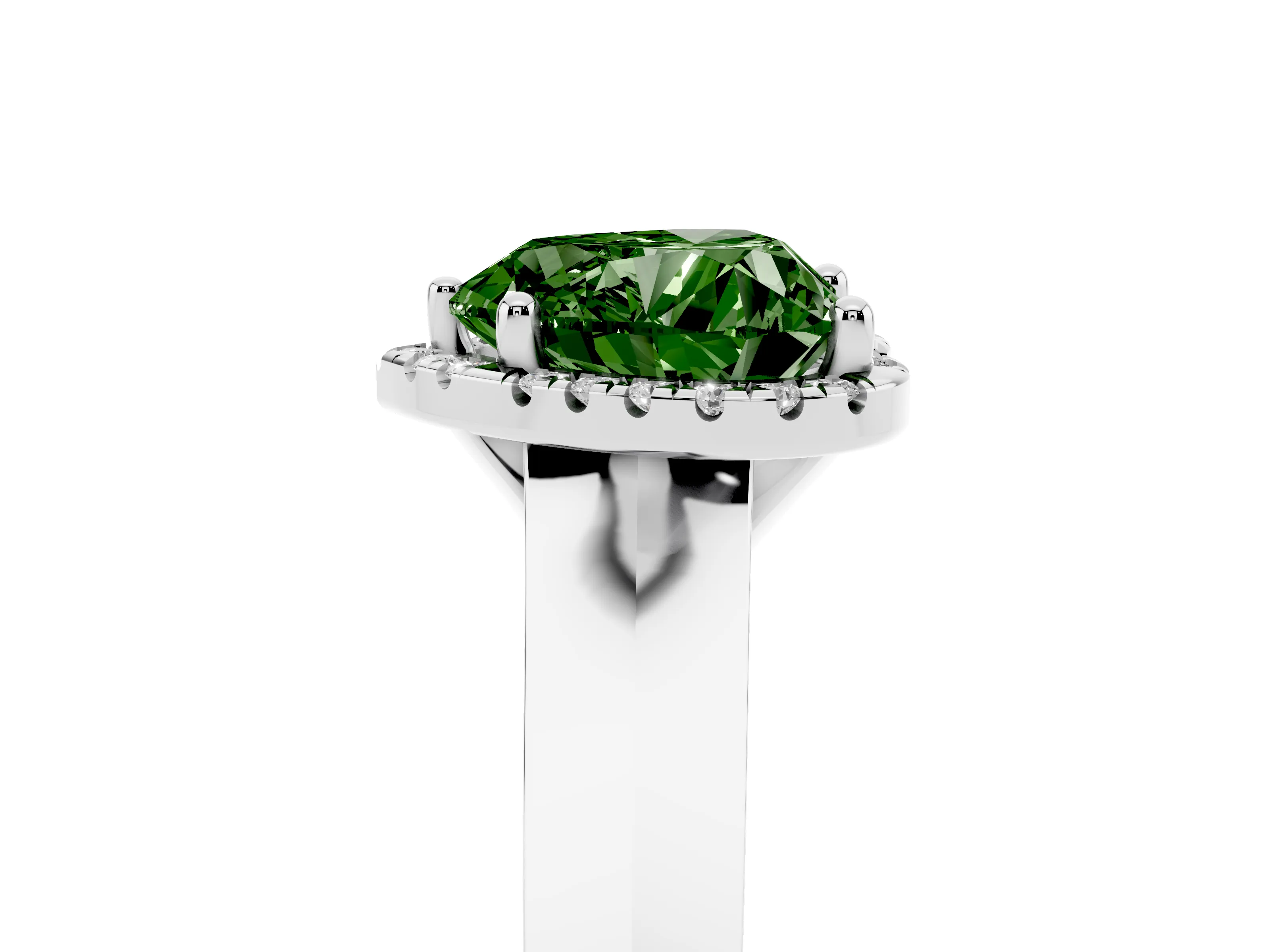 Fancy Green Heart Cut Diamond Halo Ring Set in Platinum with Cathedral Band and Prong Setting