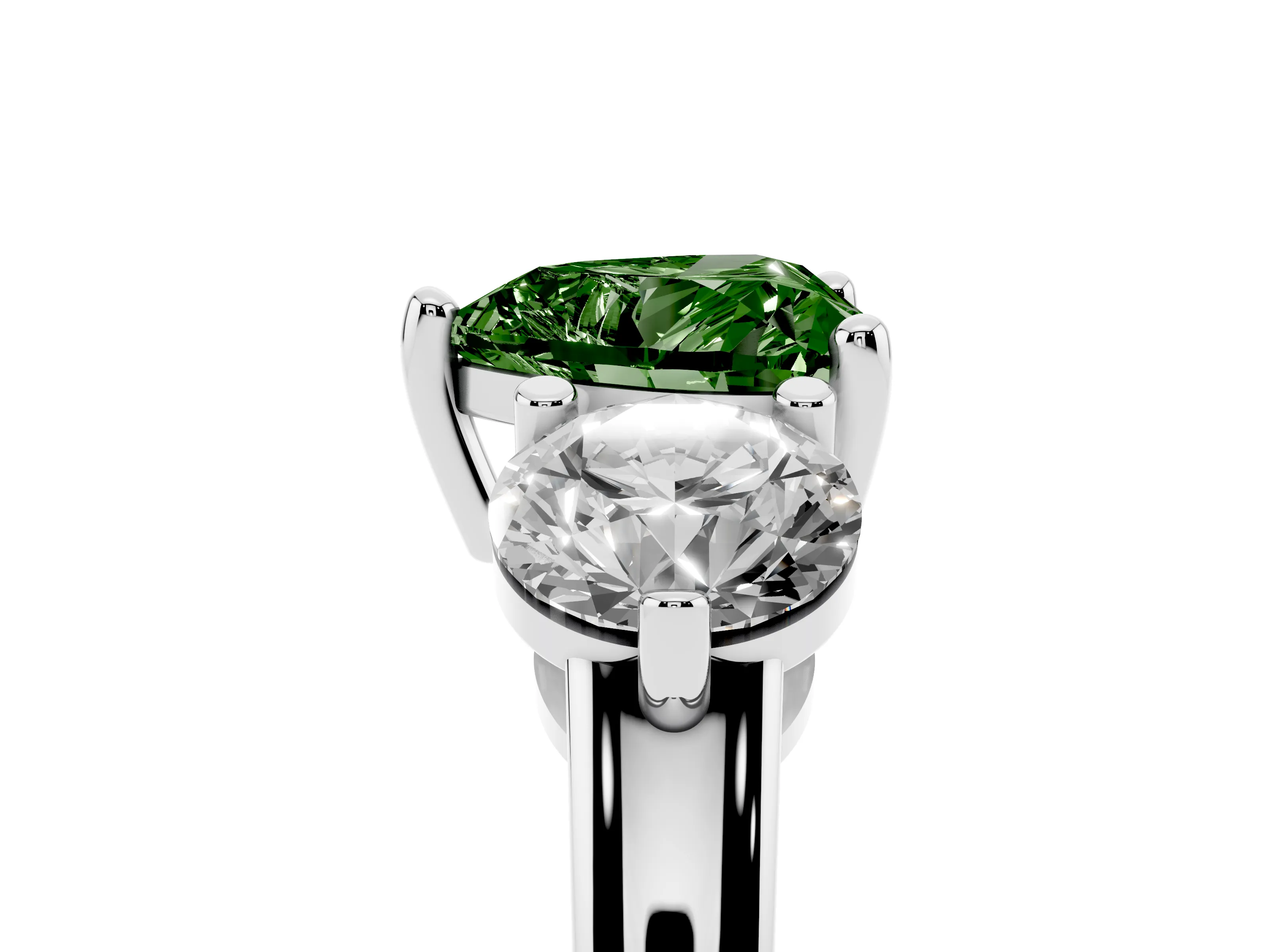 Fancy Green Heart Cut Diamond Three-Stone Ring Set in Platinum with Prong Setting and Classic Band