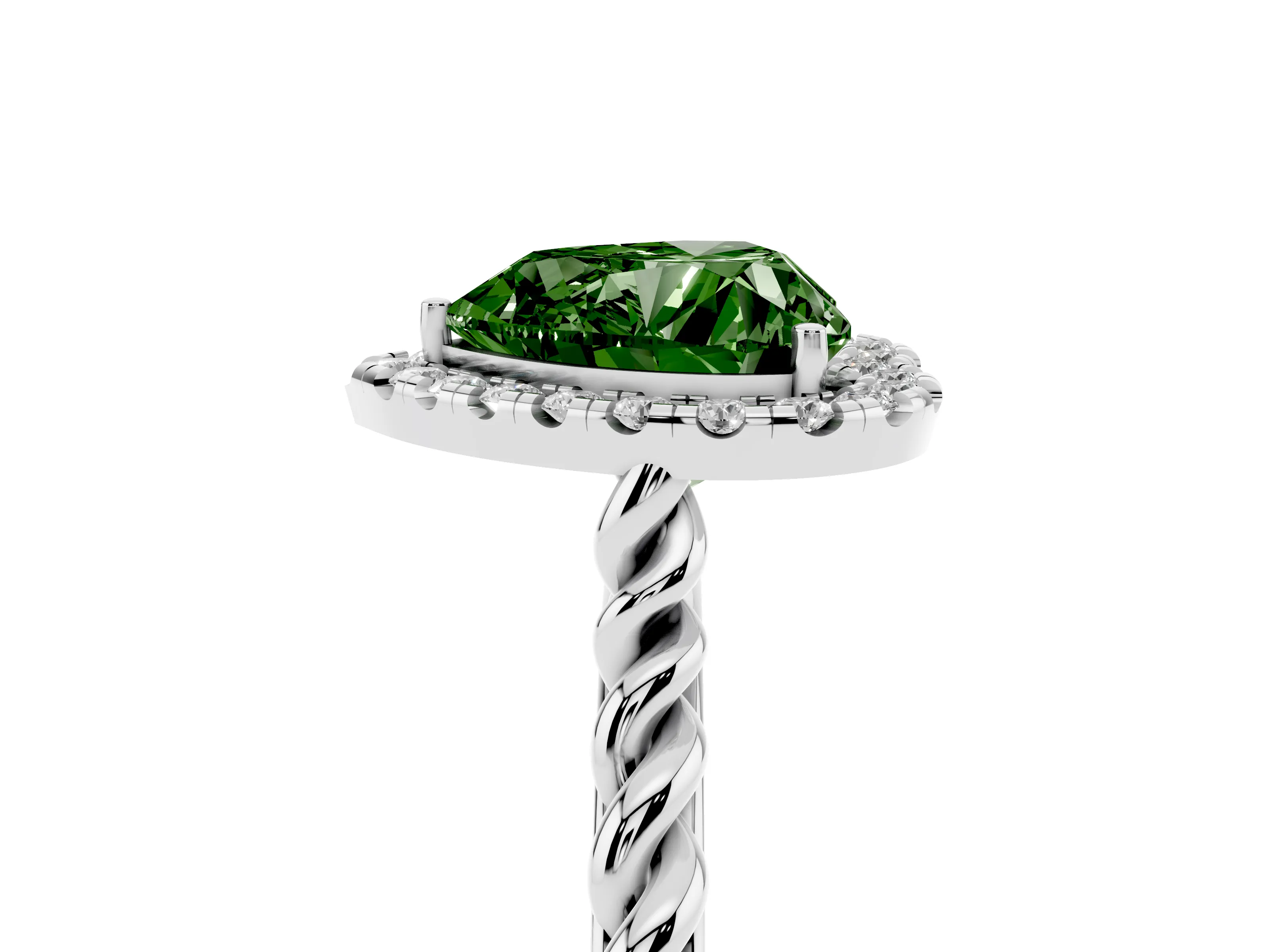 Fancy Green Heart Cut Diamond Halo Ring Set in Silver with Plain Twisted Band