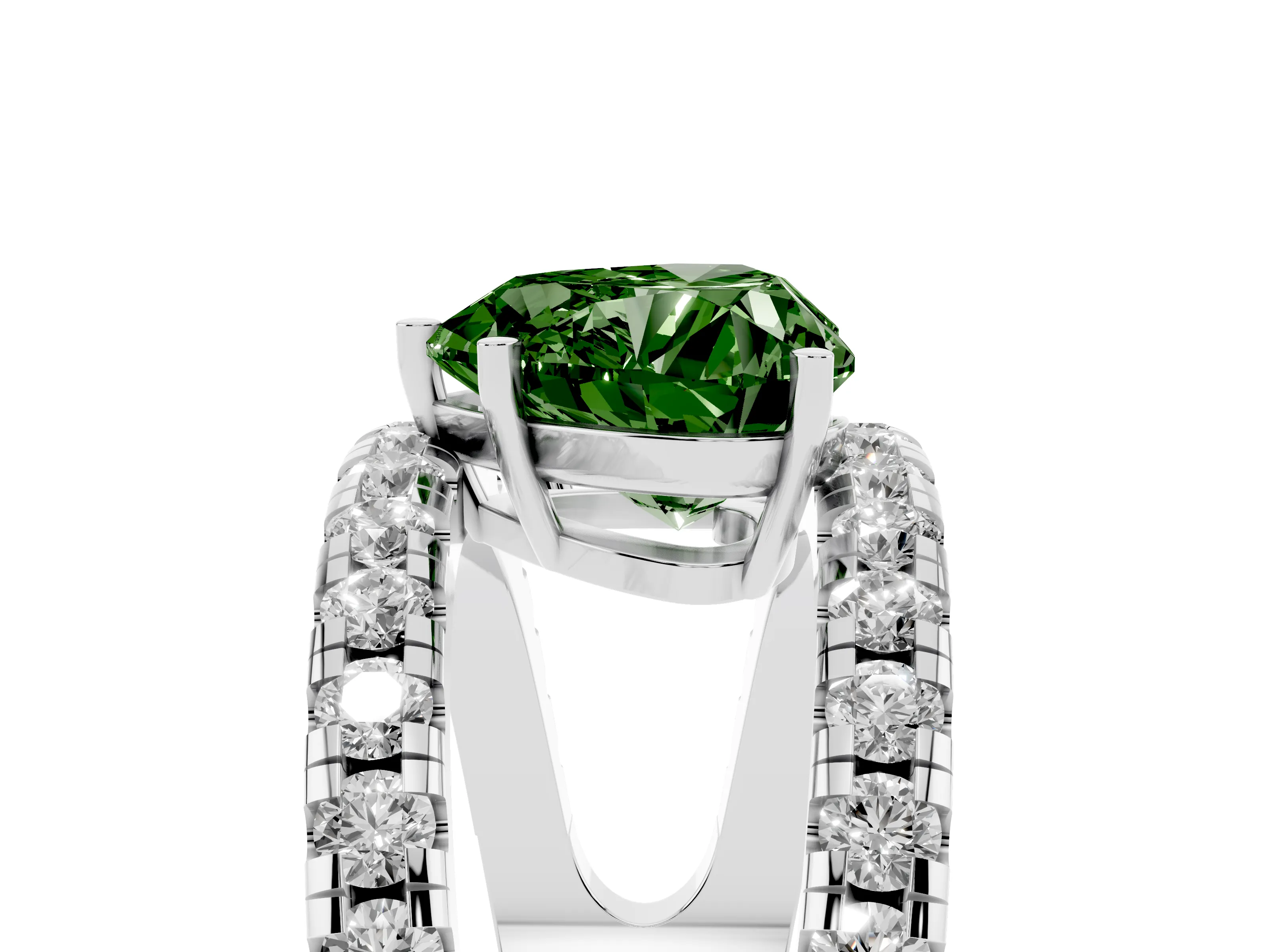 Fancy Green Heart Cut Diamond Split Shank Pavé Solitaire Ring Set in Platinum with Open Shank Design