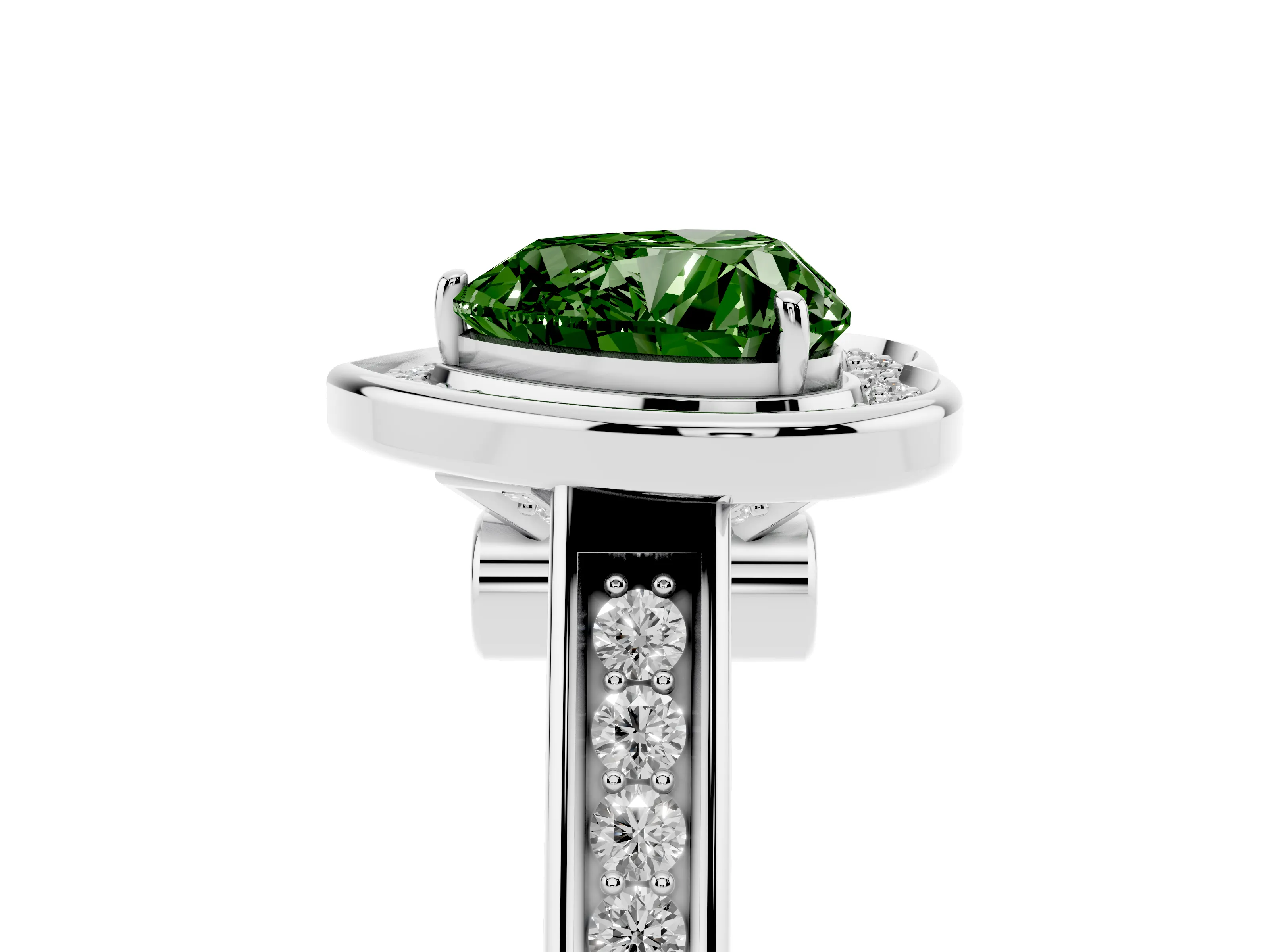 Fancy Green Heart Cut Diamond Halo Solitaire Ring Set in White gold with Pavé Band and Bezel Setting