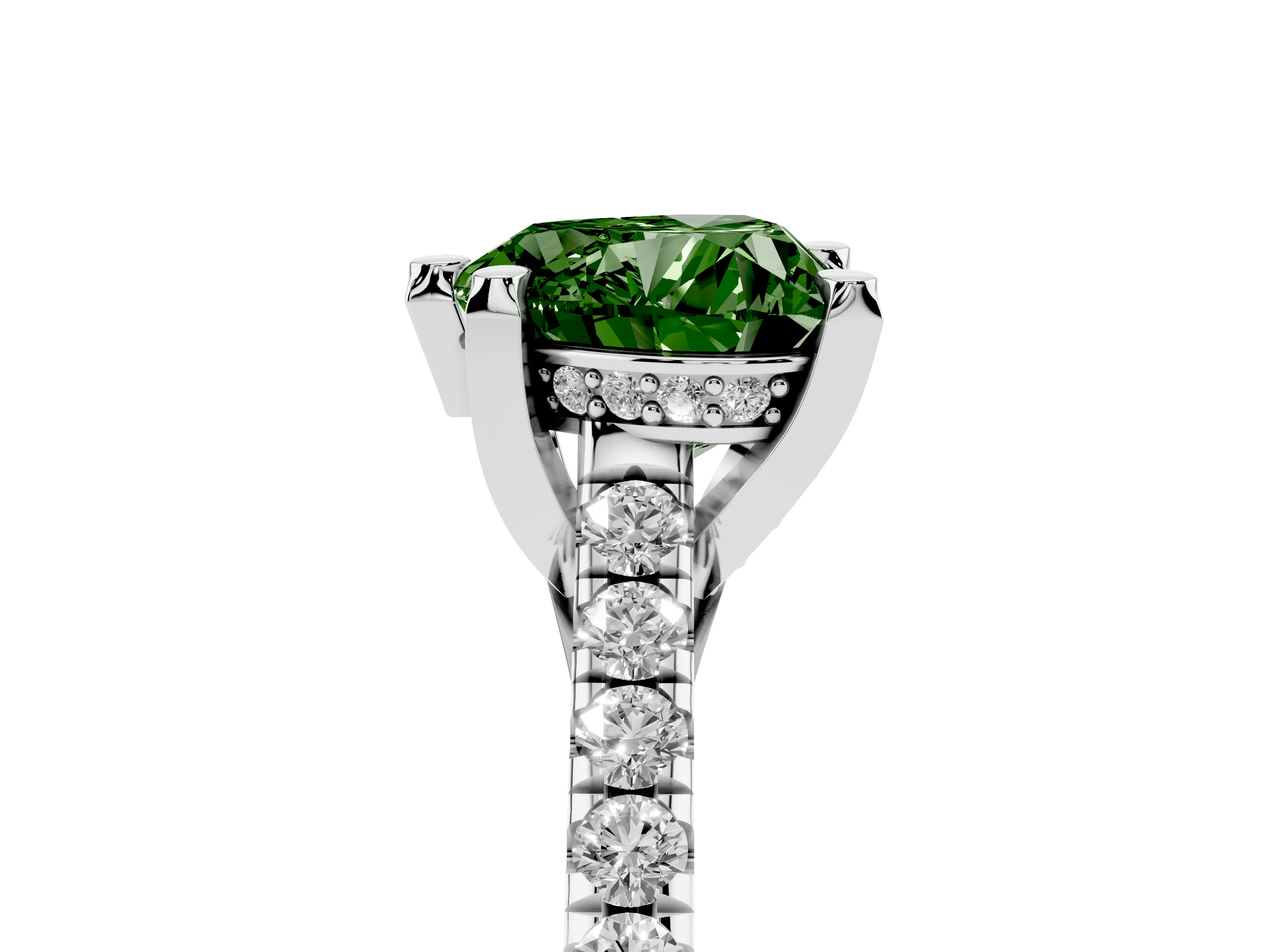 Fancy Green Heart Cut Diamond Solitaire Ring Set in Silver with Brilliant Pavé Band and Prong Setting
